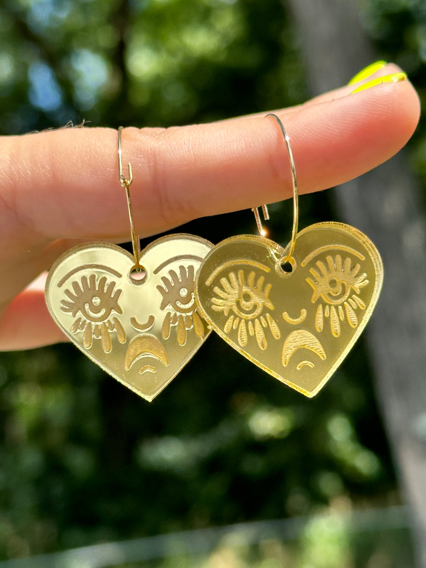 Gold Mirror Acrylic Crying Heart Hoop Earrings