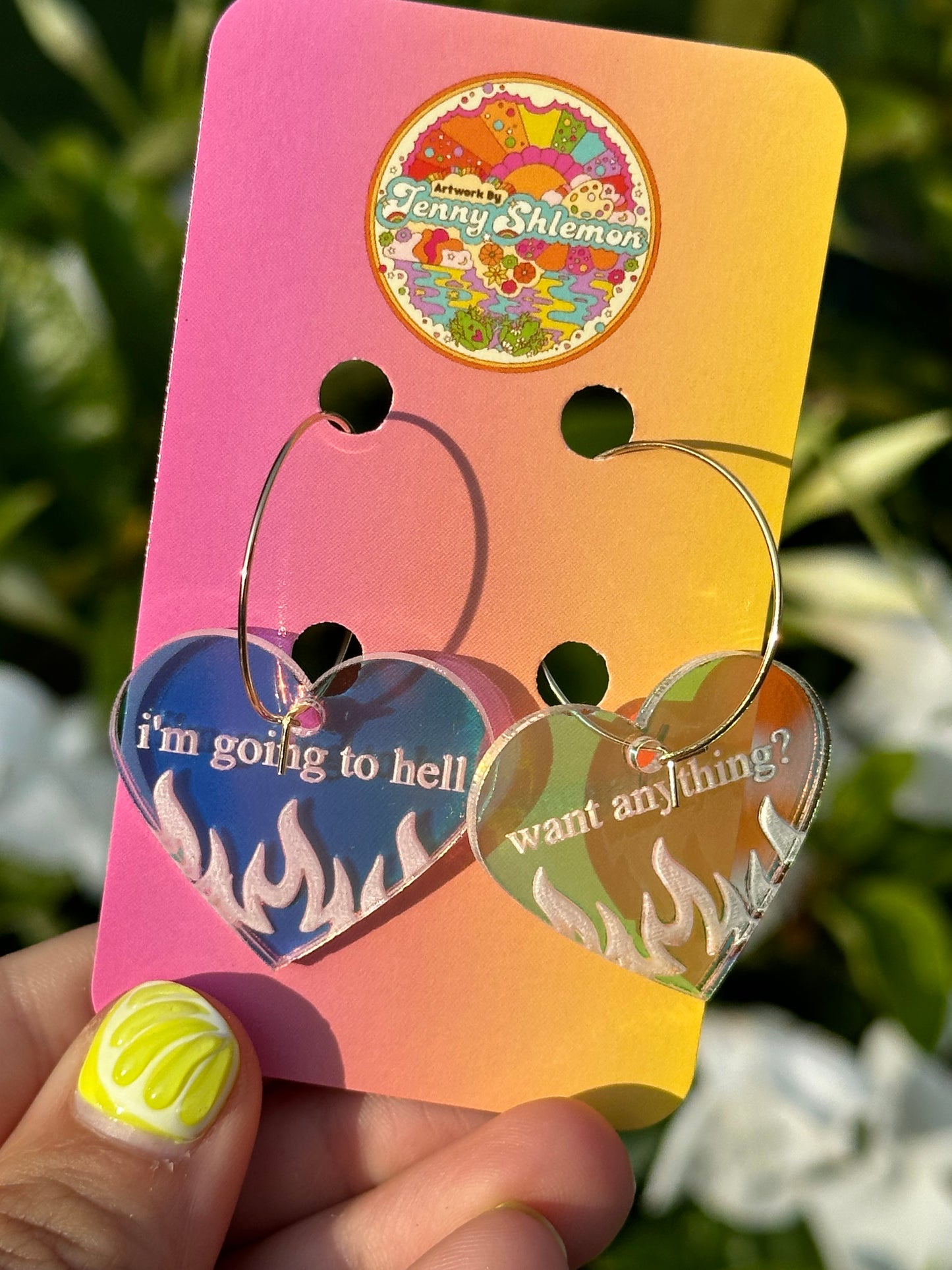Iridescent I’m Going to Hell Want Anything? Heart Hoop Earrings