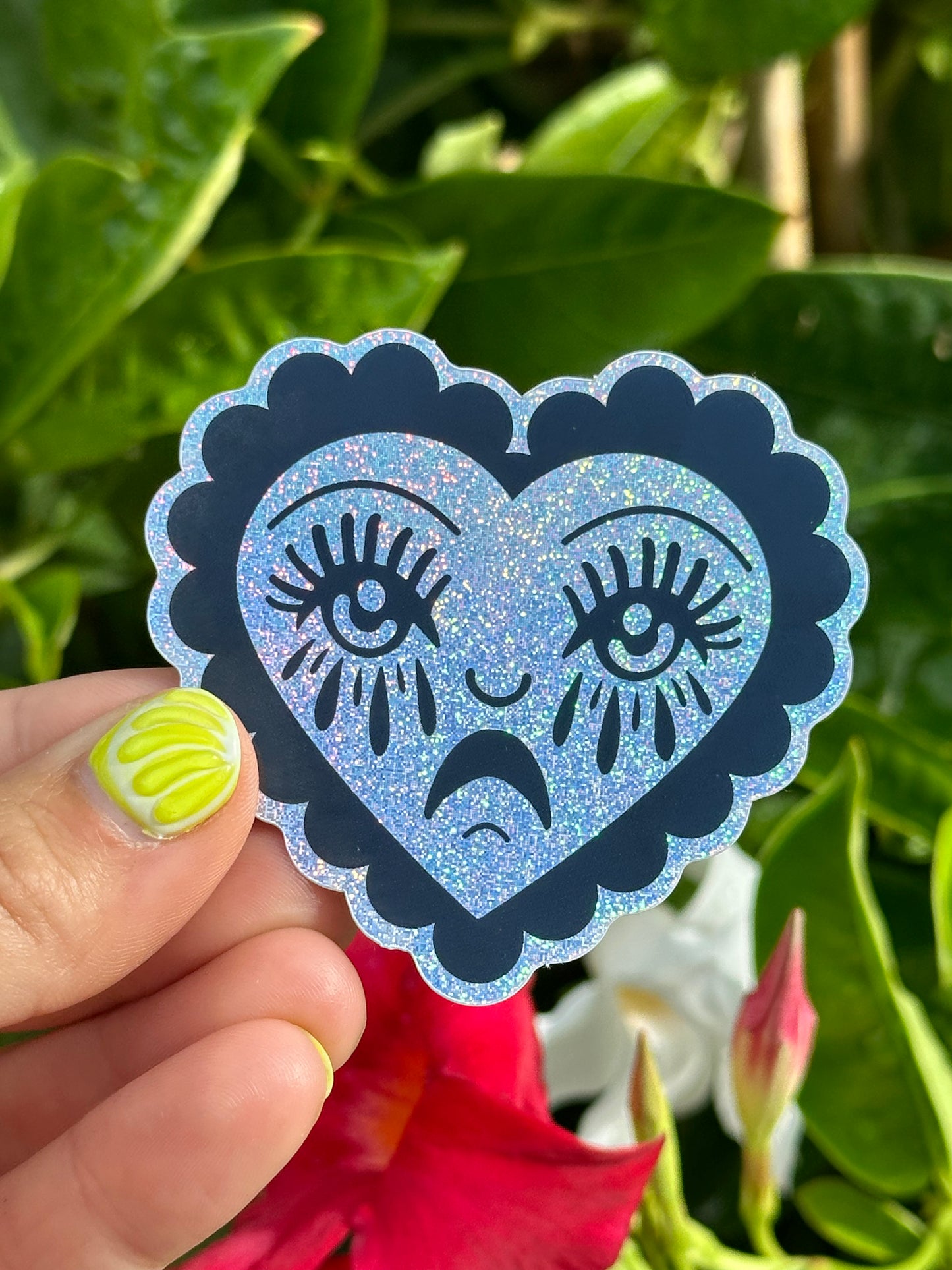 Crying Heart Scalloped Glittery Heart Sticker