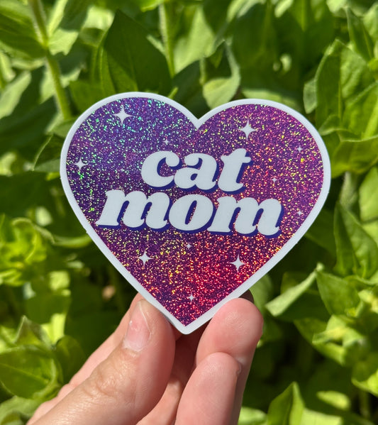 Cat Mom Pink Glittery Heart Sticker