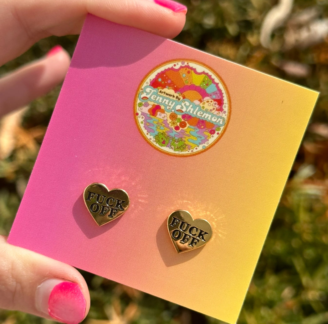 Golden Enamel Fuck Off Heart Stud Earring