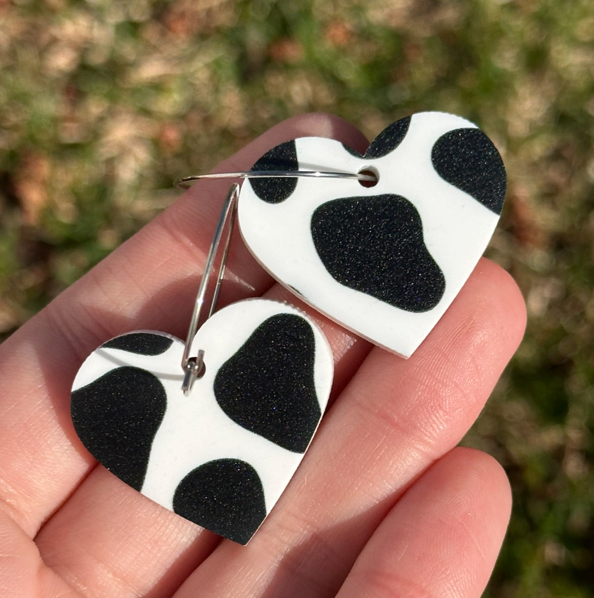 Cow Print Heart Acrylic Earrings