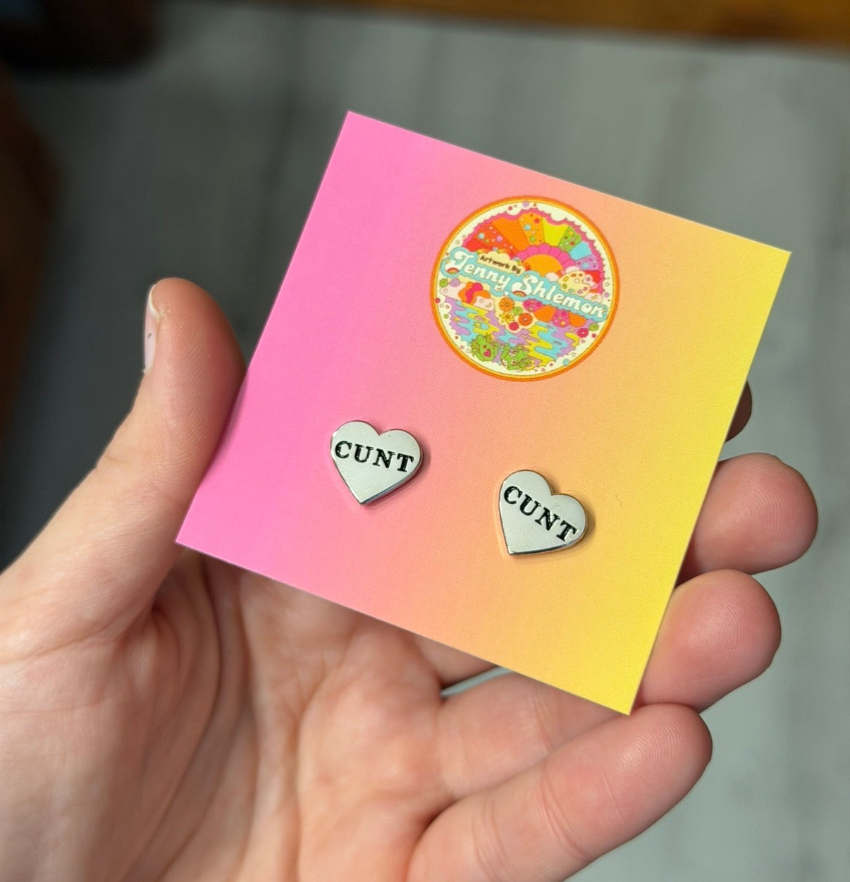 Silver Enamel Cunt Heart Stud Earring