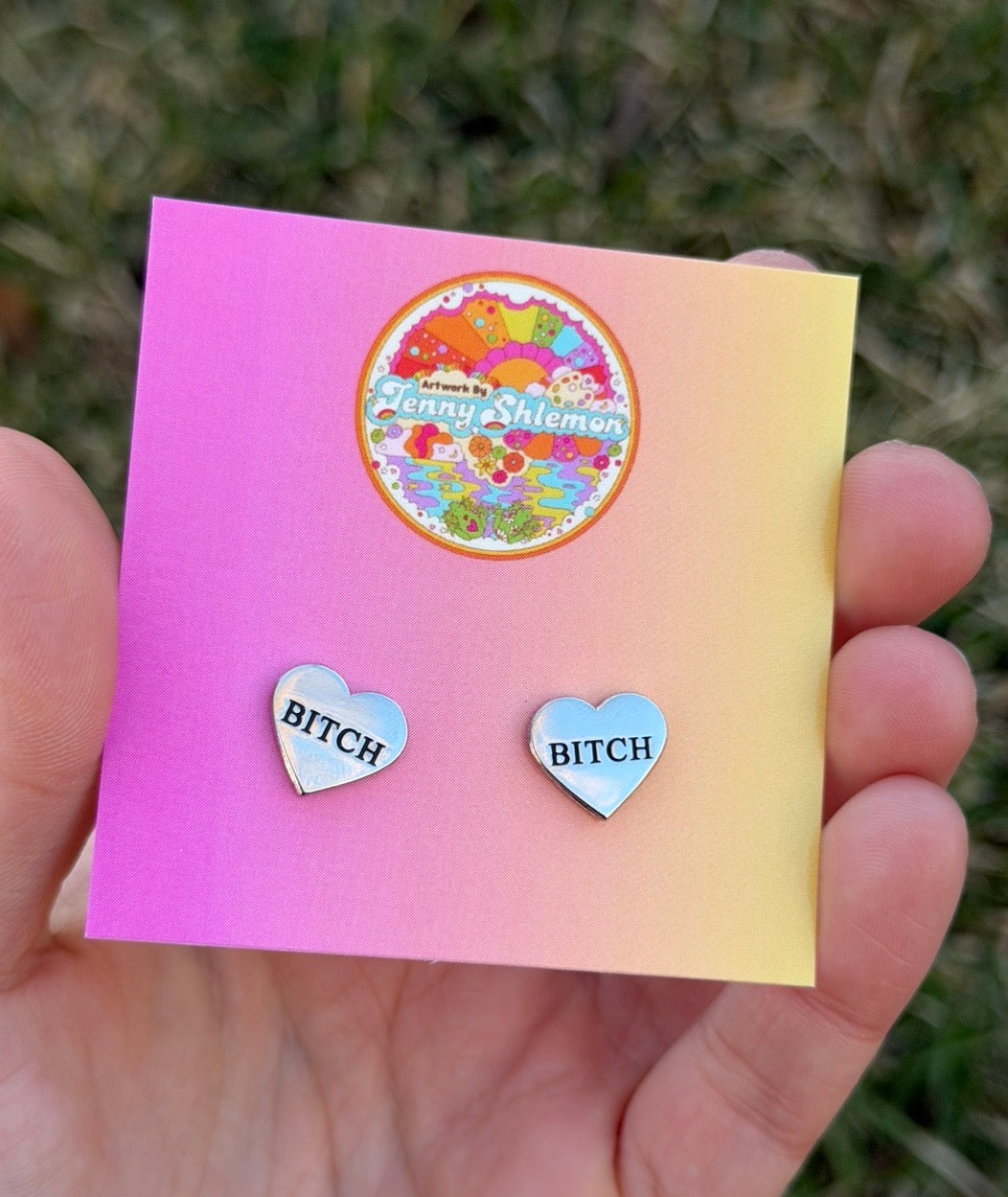 Silver Enamel Bitch Heart Stud Earring