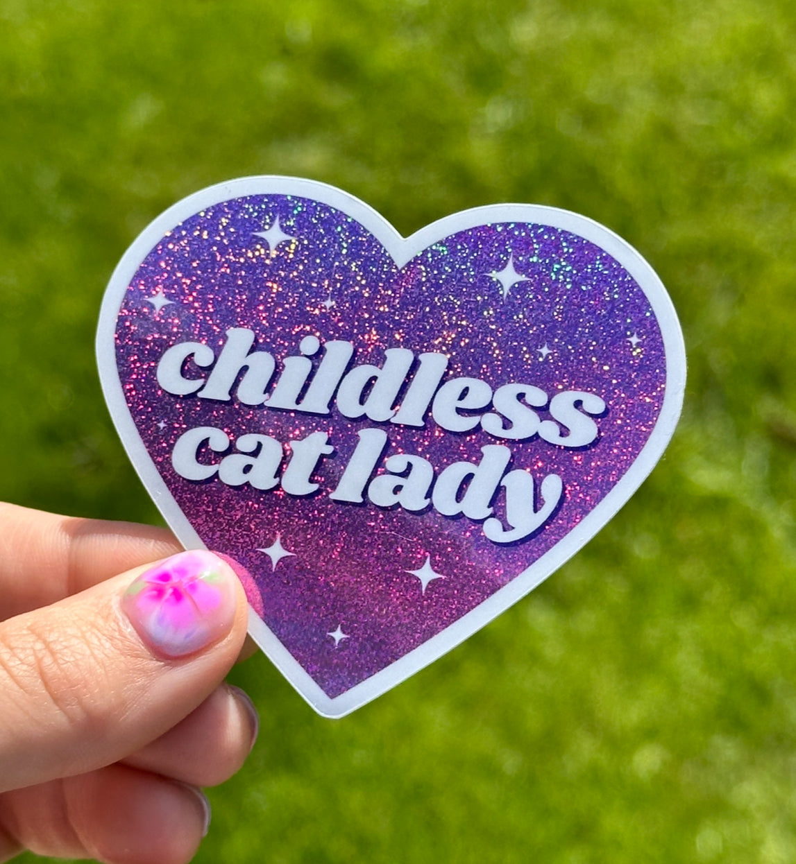 Childless Cat Lady Purple Glittery Heart Sticker