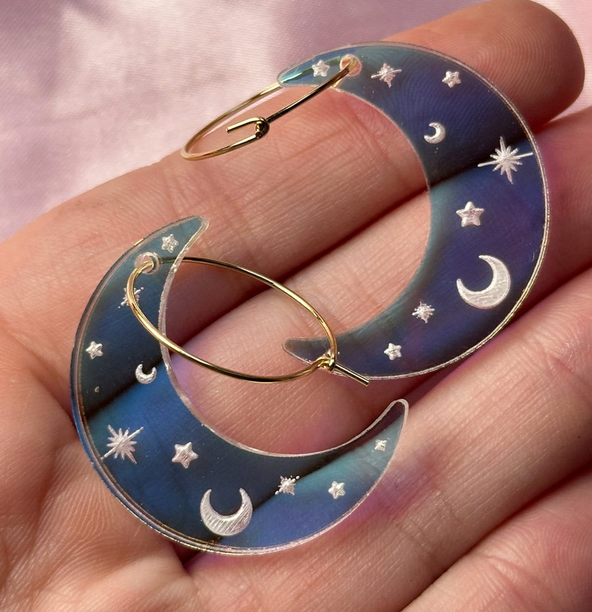 Iridescent Celestial Moon Hoop Earrings