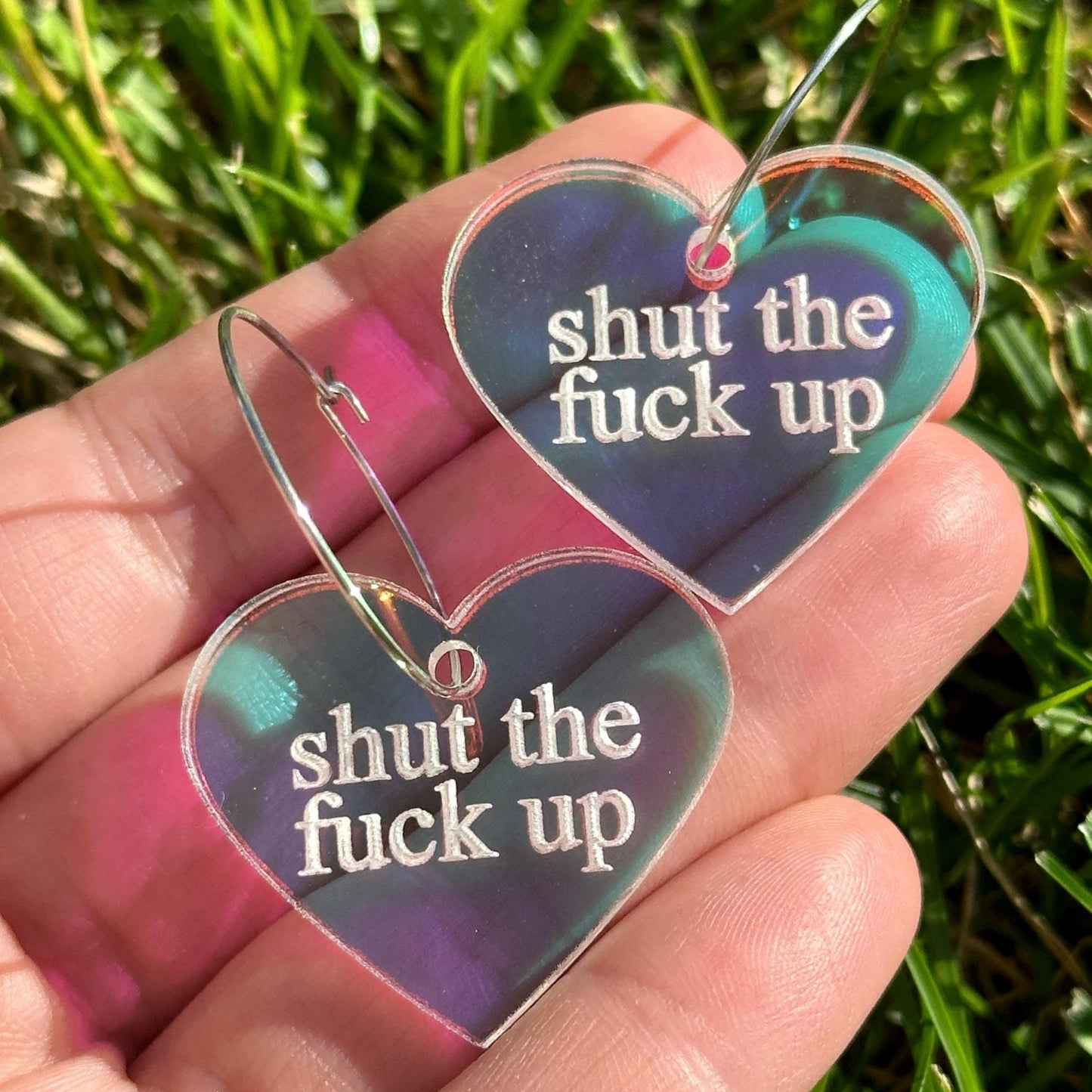 Shut The Fuck Up Iridescent Heart Hoop Earrings