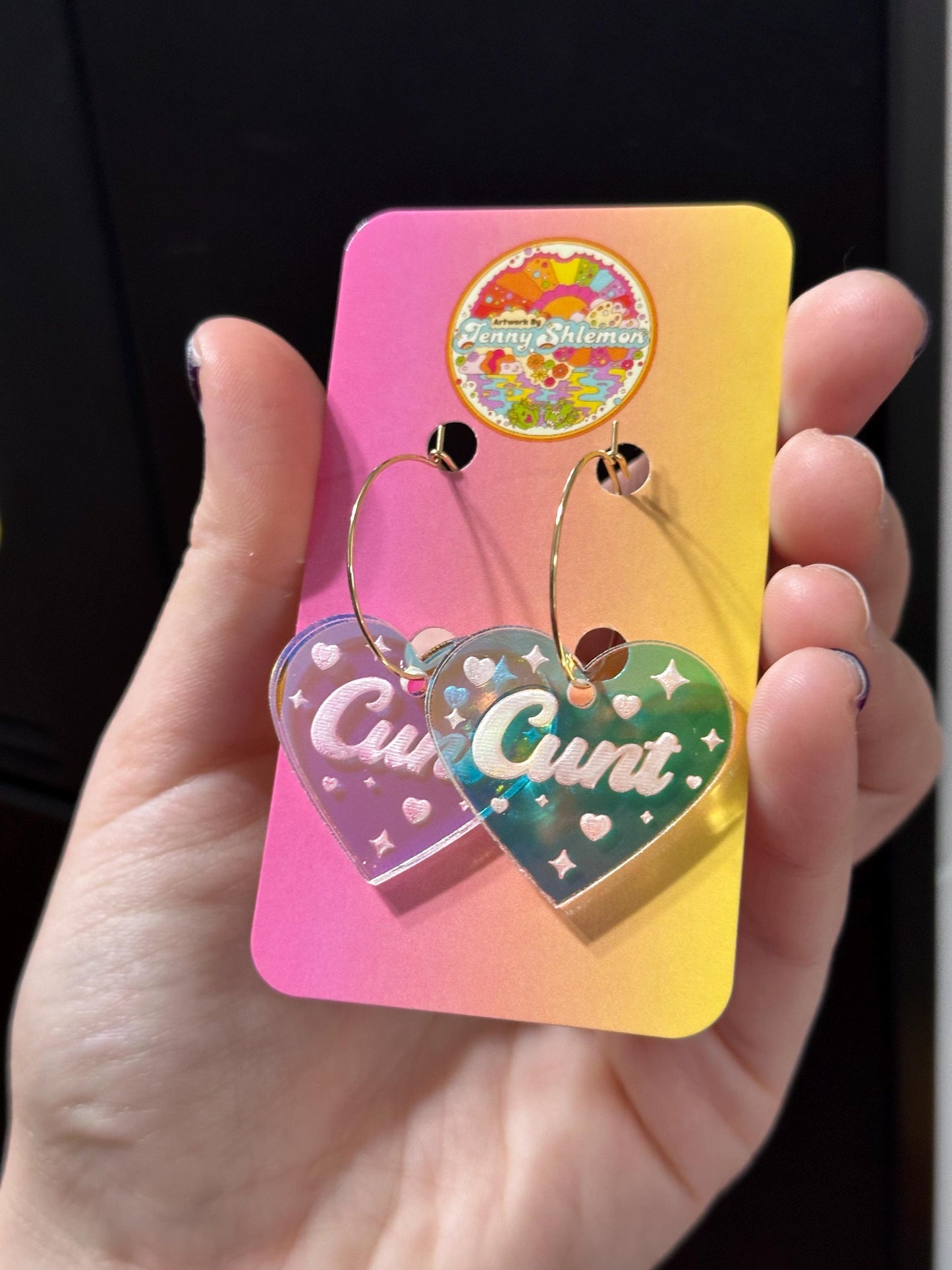 Iridescent Cunt Heart Hoop Earrings