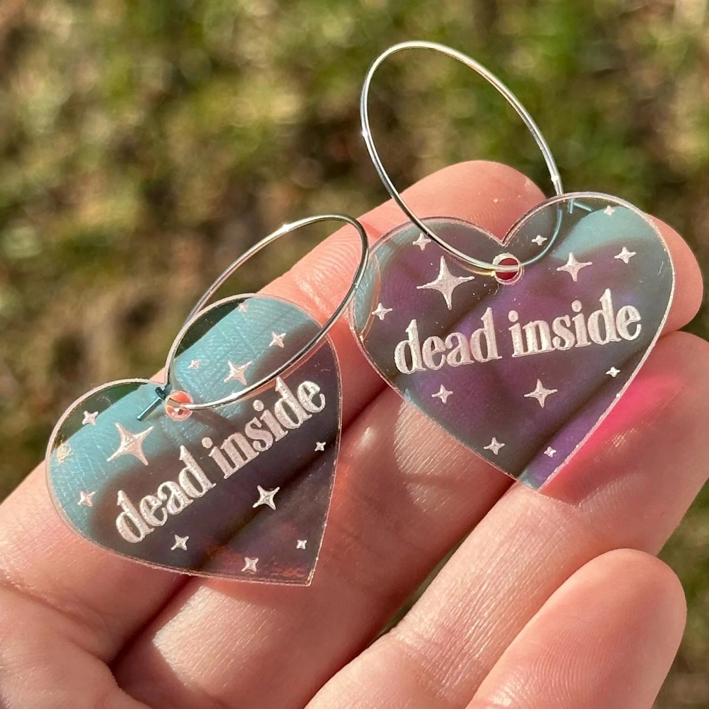 Iridescent Dead Inside Heart Hoop Earrings
