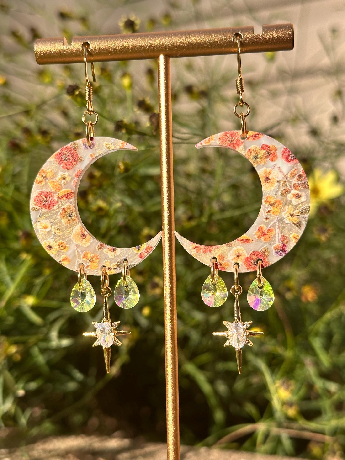 Fall Floral Print Celestial Gemstone Dangly Moon Acrylic Earrings