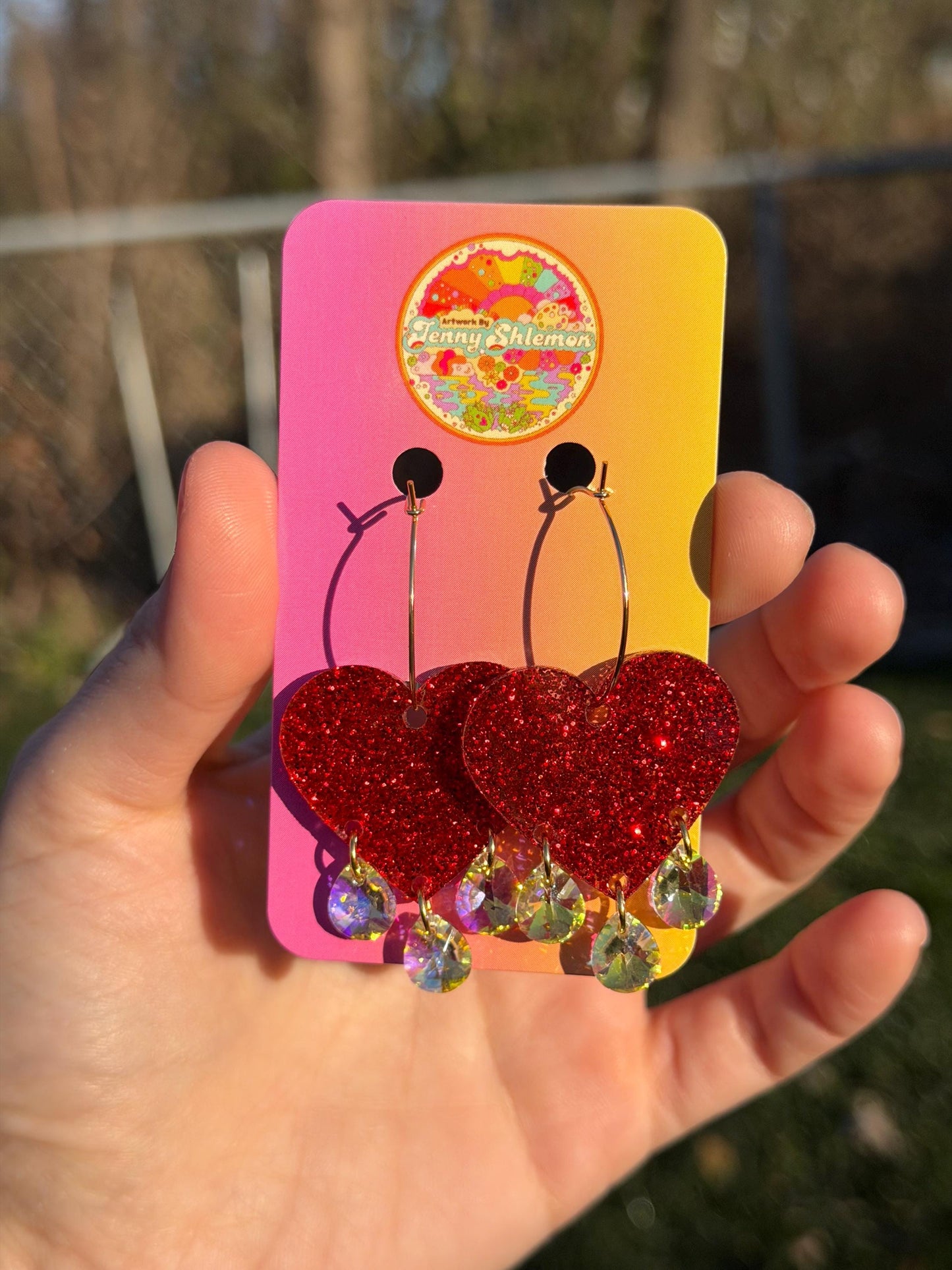 Sparkly Red Gemstone Dangly Heart Acrylic Earrings