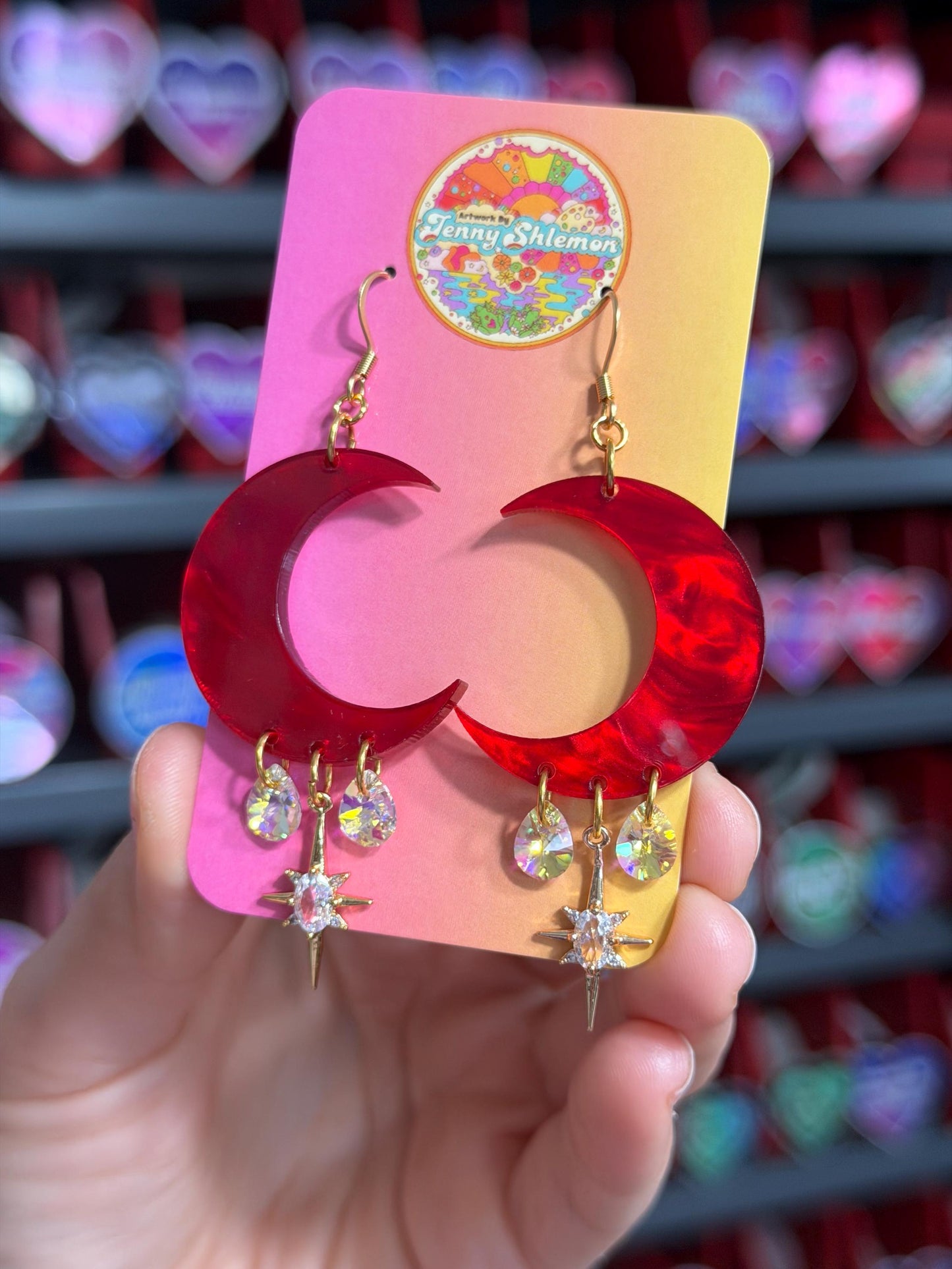 Red Marble Celestial Gemstone Dangly Moon Acrylic Earrings