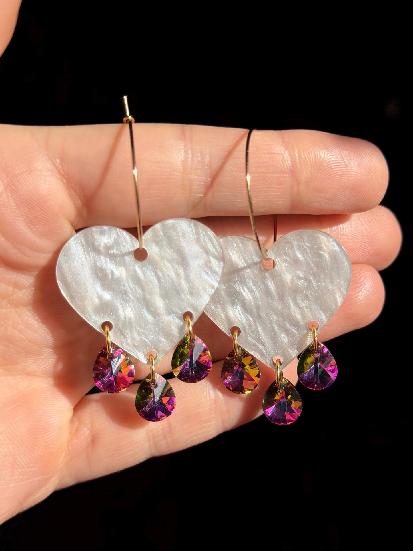 Gemstone Dangly Heart Acrylic Earrings