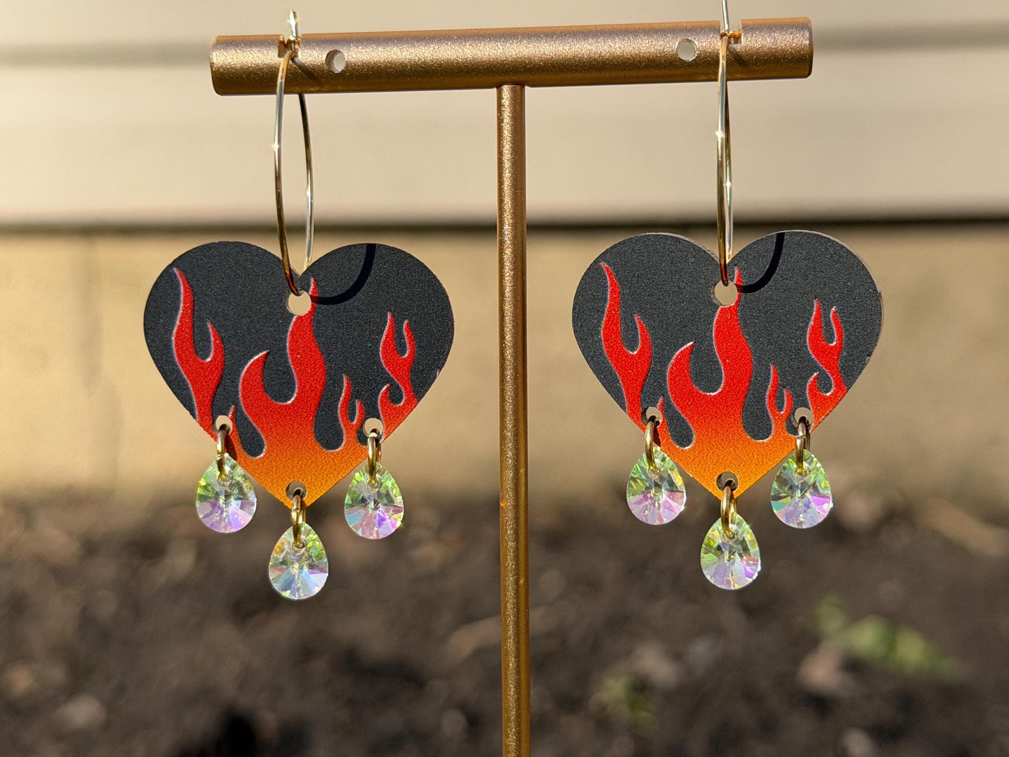 Hot Gradient Flame Gemstone Dangly Heart Acrylic Earrings