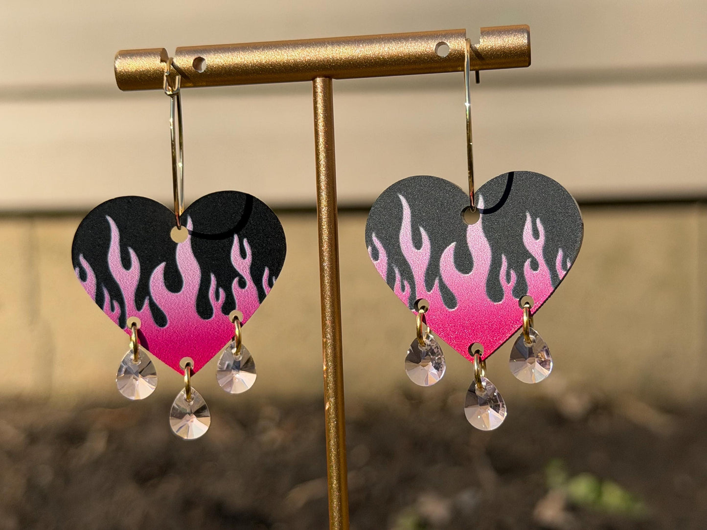 Hot Pink Gradient Flame Gemstone Dangly Heart Acrylic Earrings