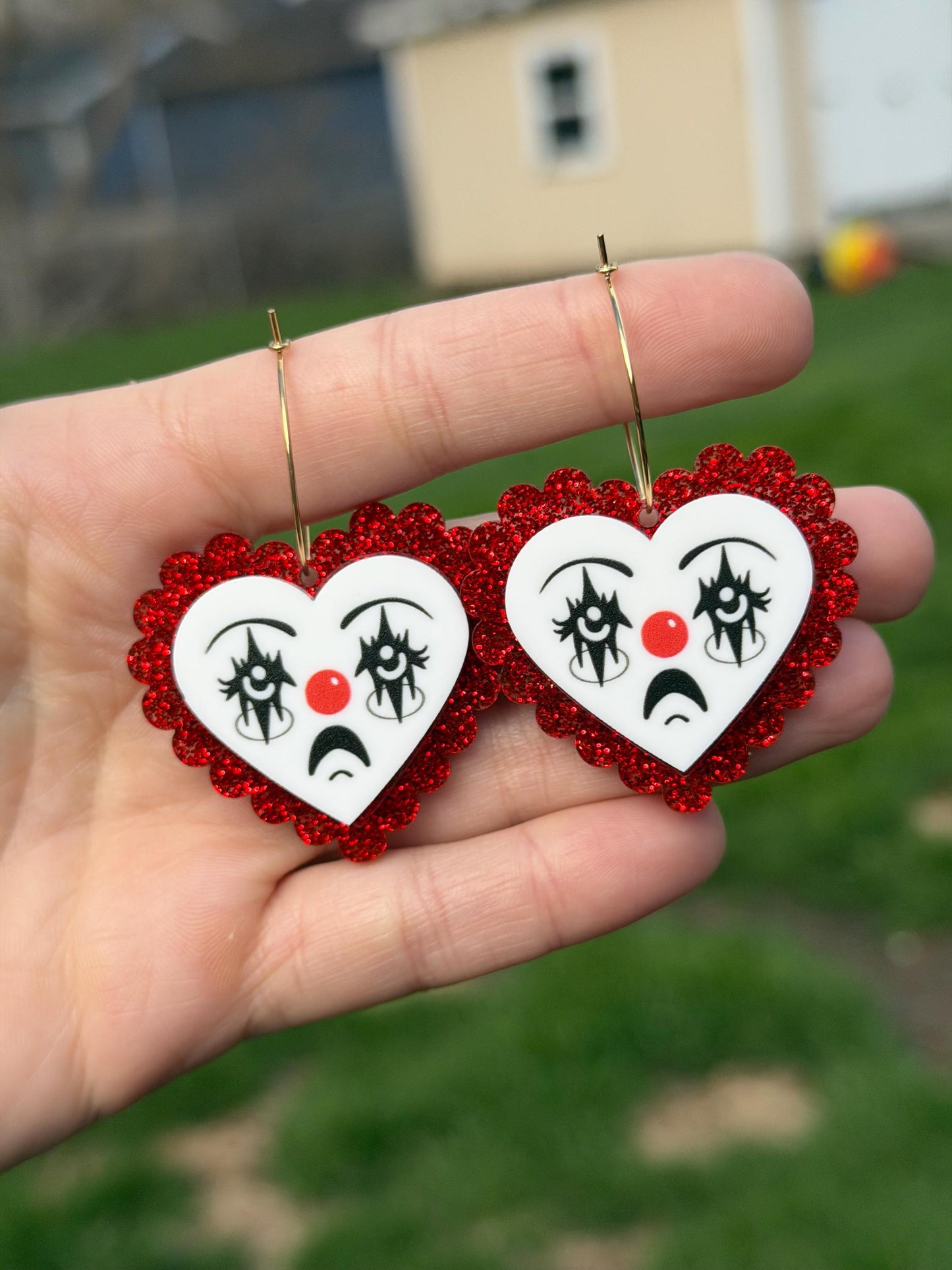 Scalloped Acrylic Clown Face Heart Hoop Earrings: Red