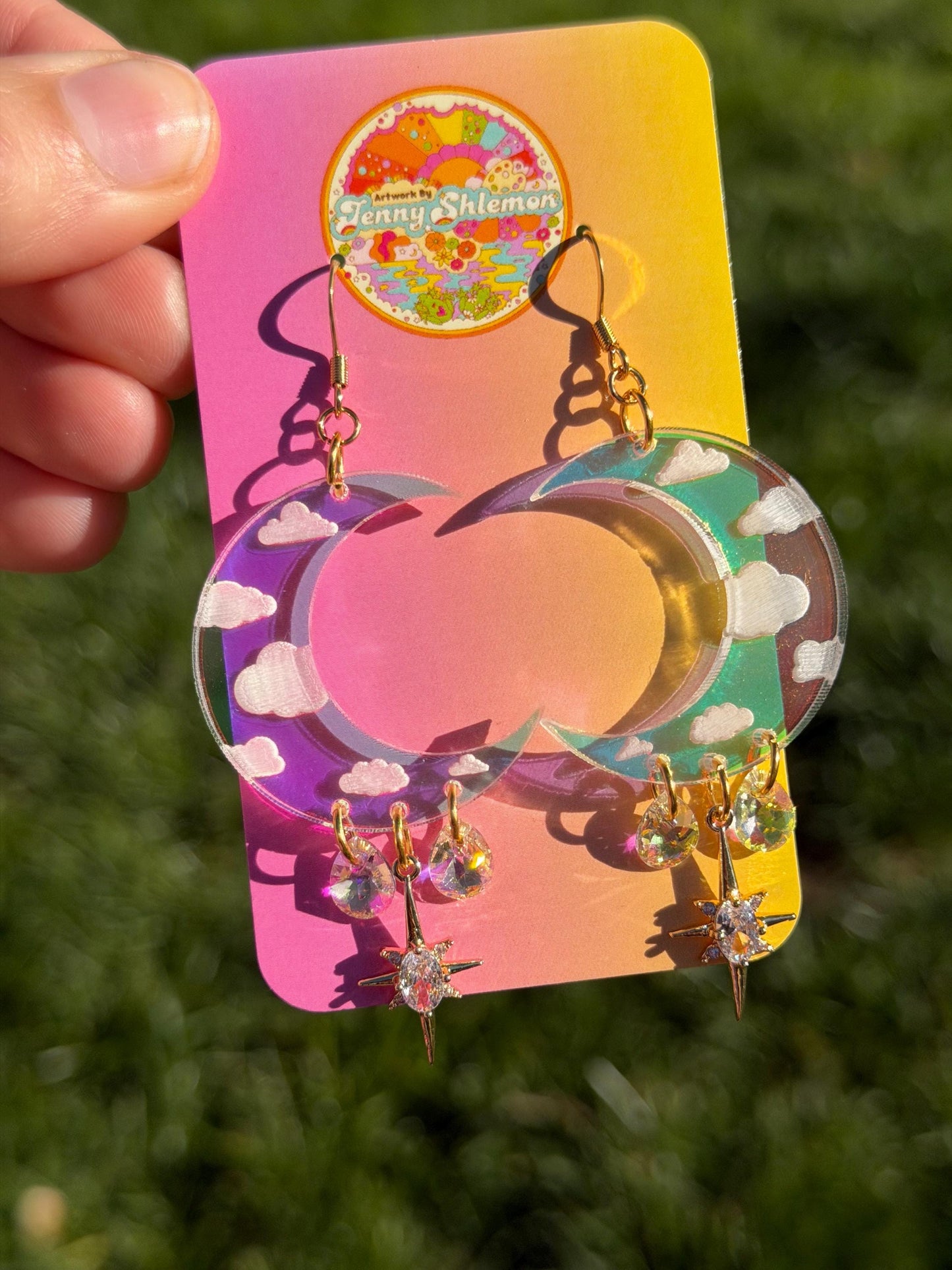 Cloudy Iridescent Celestial Gemstone Dangly Moon Acrylic Earrings