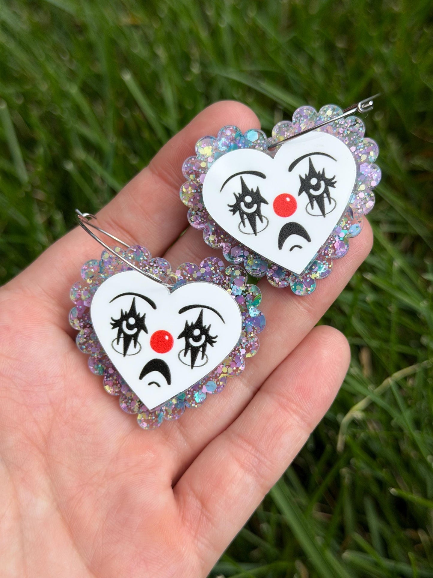 Scalloped Acrylic Clown Face Heart Hoop Earrings: Pastel Glitter