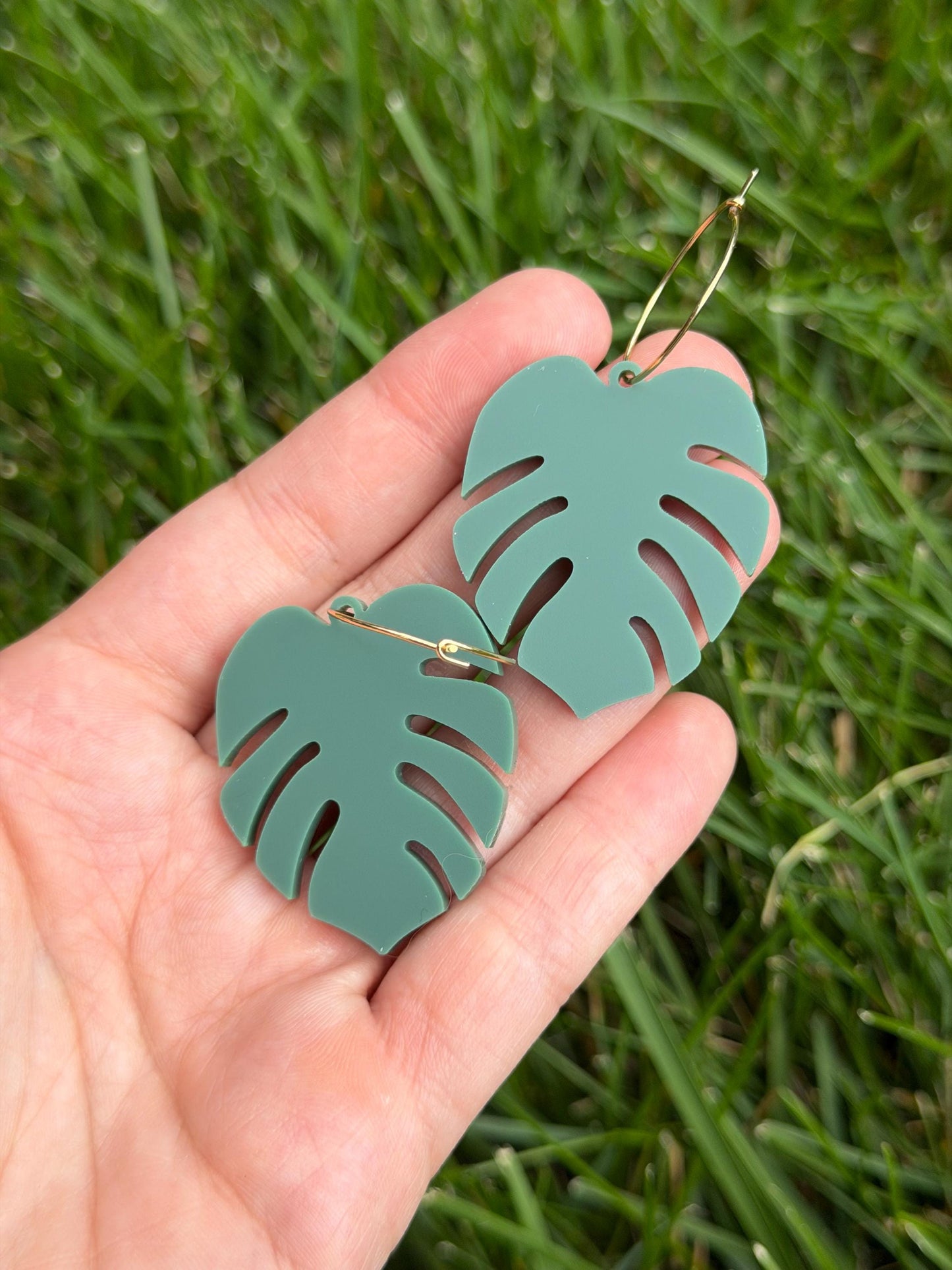 Matte Sage Acrylic Monstera Leaf Hoop Earrings