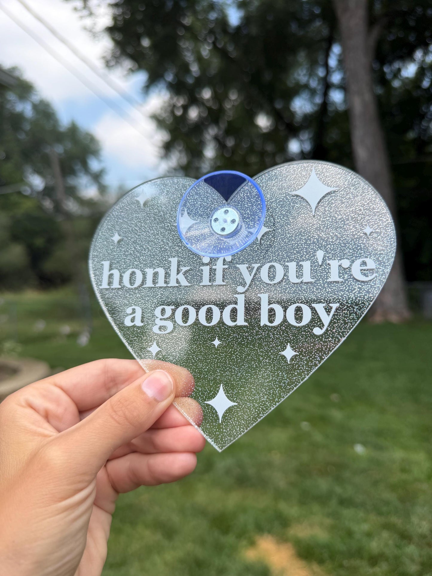 Acrylic Car Sign: Honk If You're A Good Boy – Heart Shape Holo Glitter Clear/White