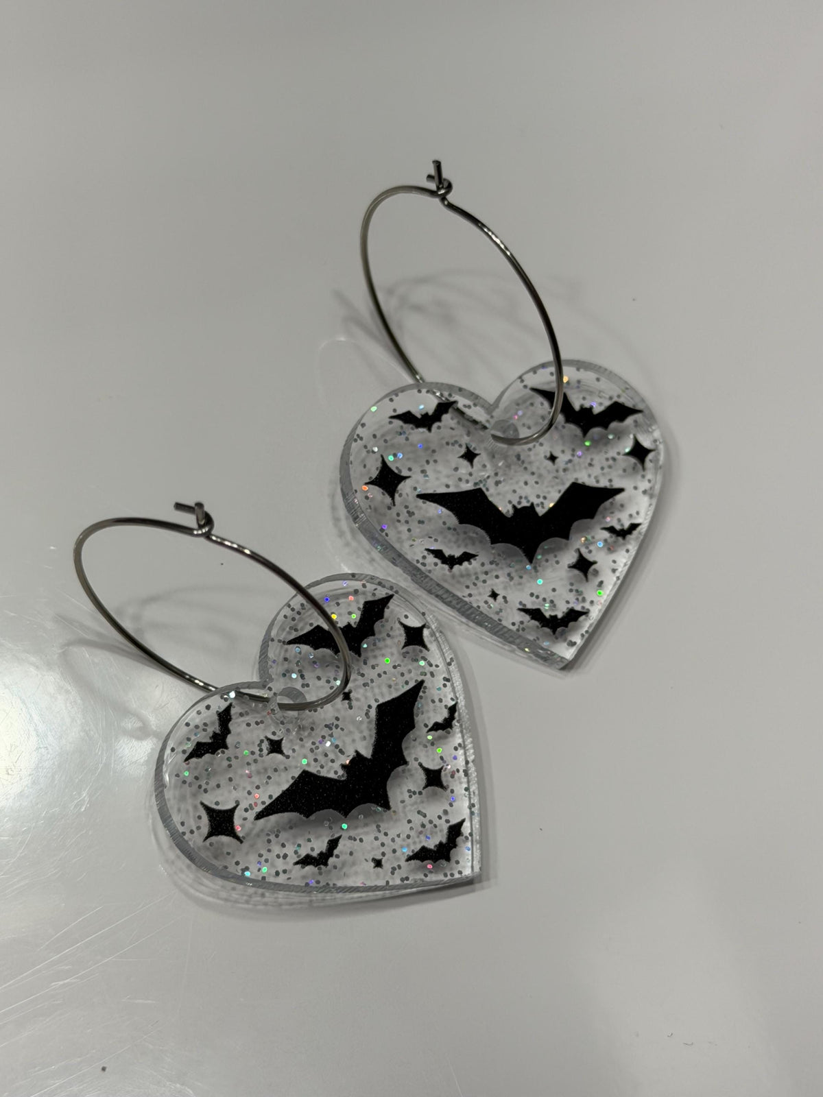 Sparkly Bat Halloween Heart Hoop Earrings