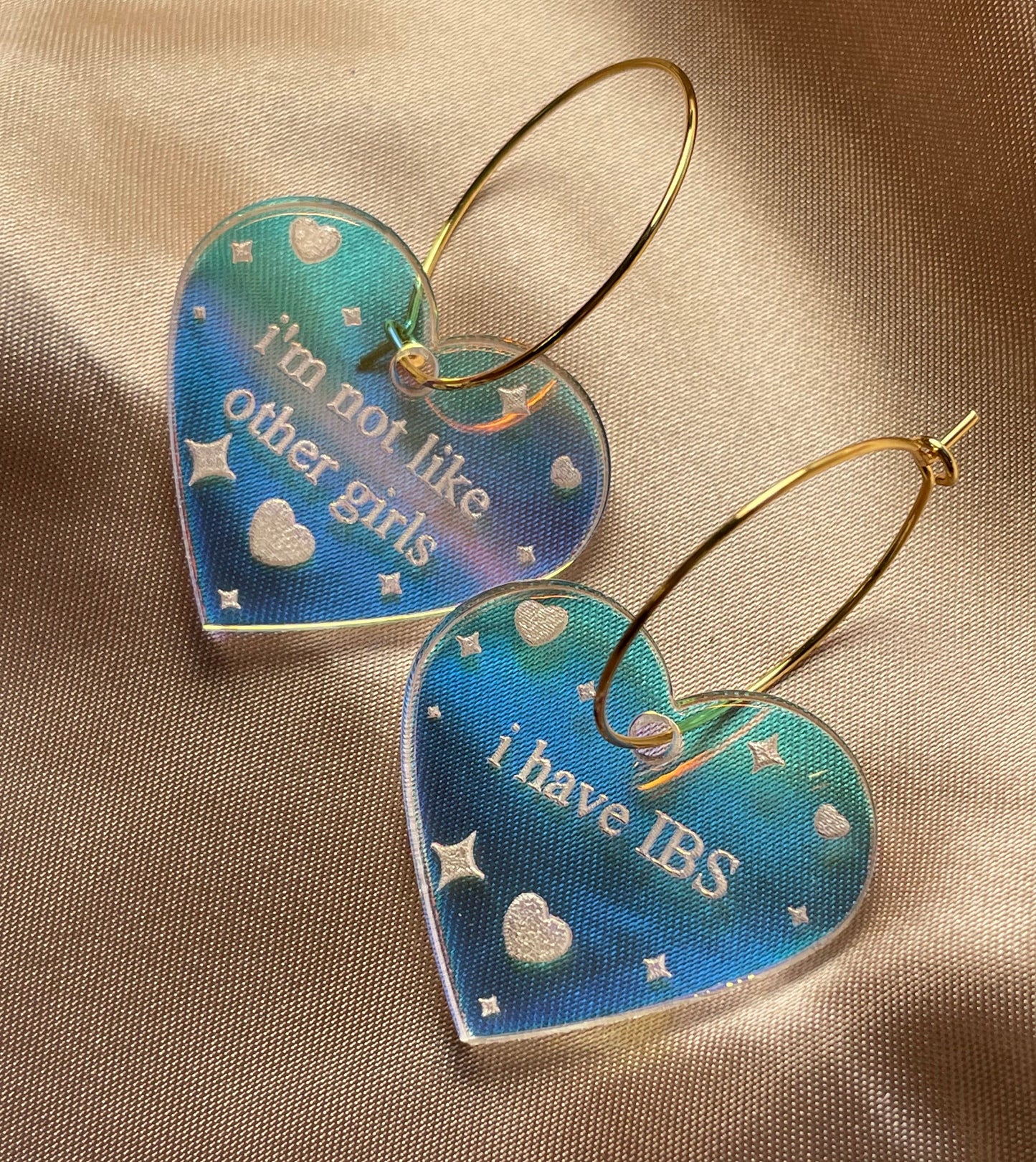 Iridescent I’m Not Like Other Girls I have IBS Heart Hoop Earrings