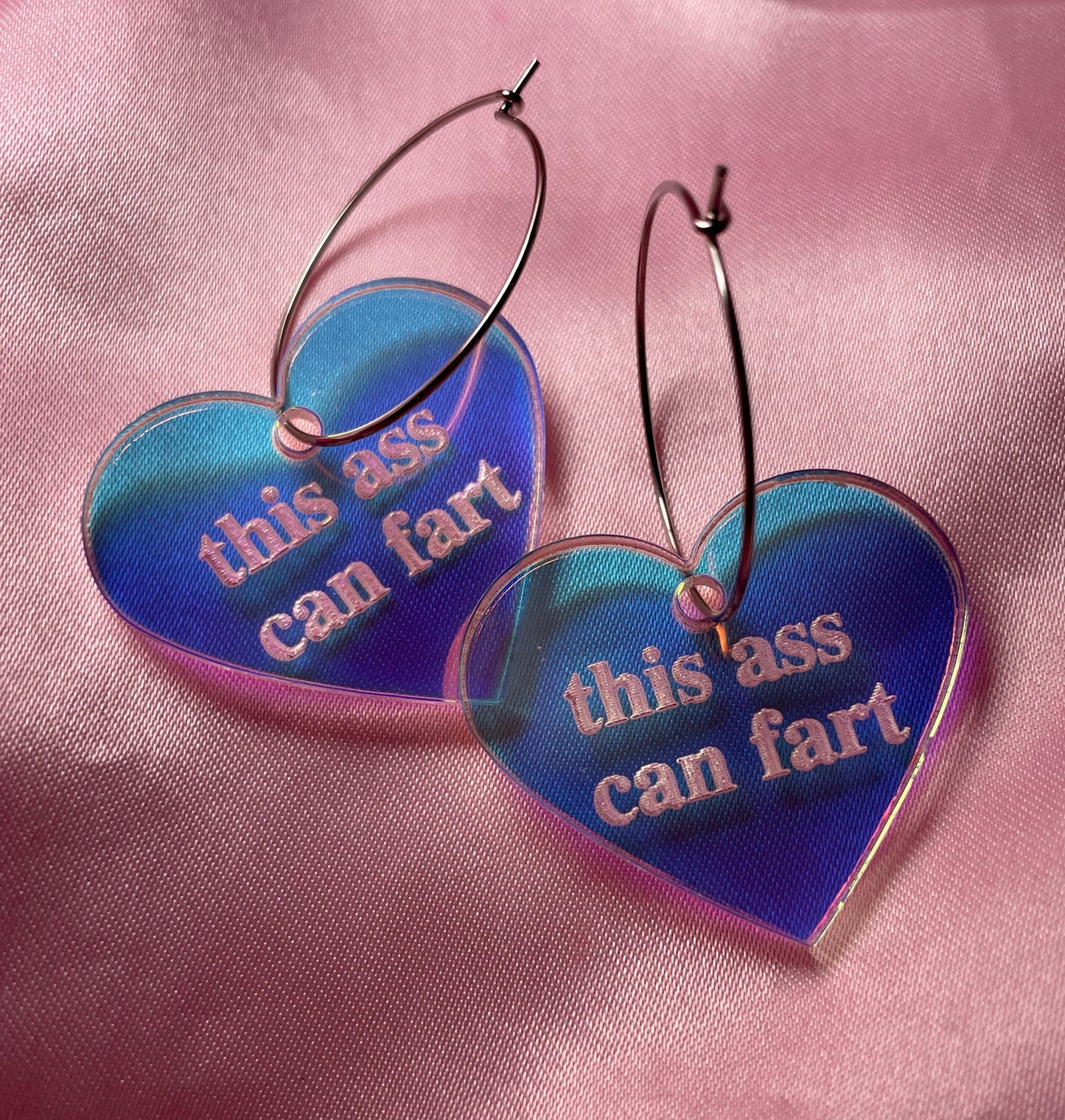 Iridescent This Ass Can Fart Heart Hoop Earrings