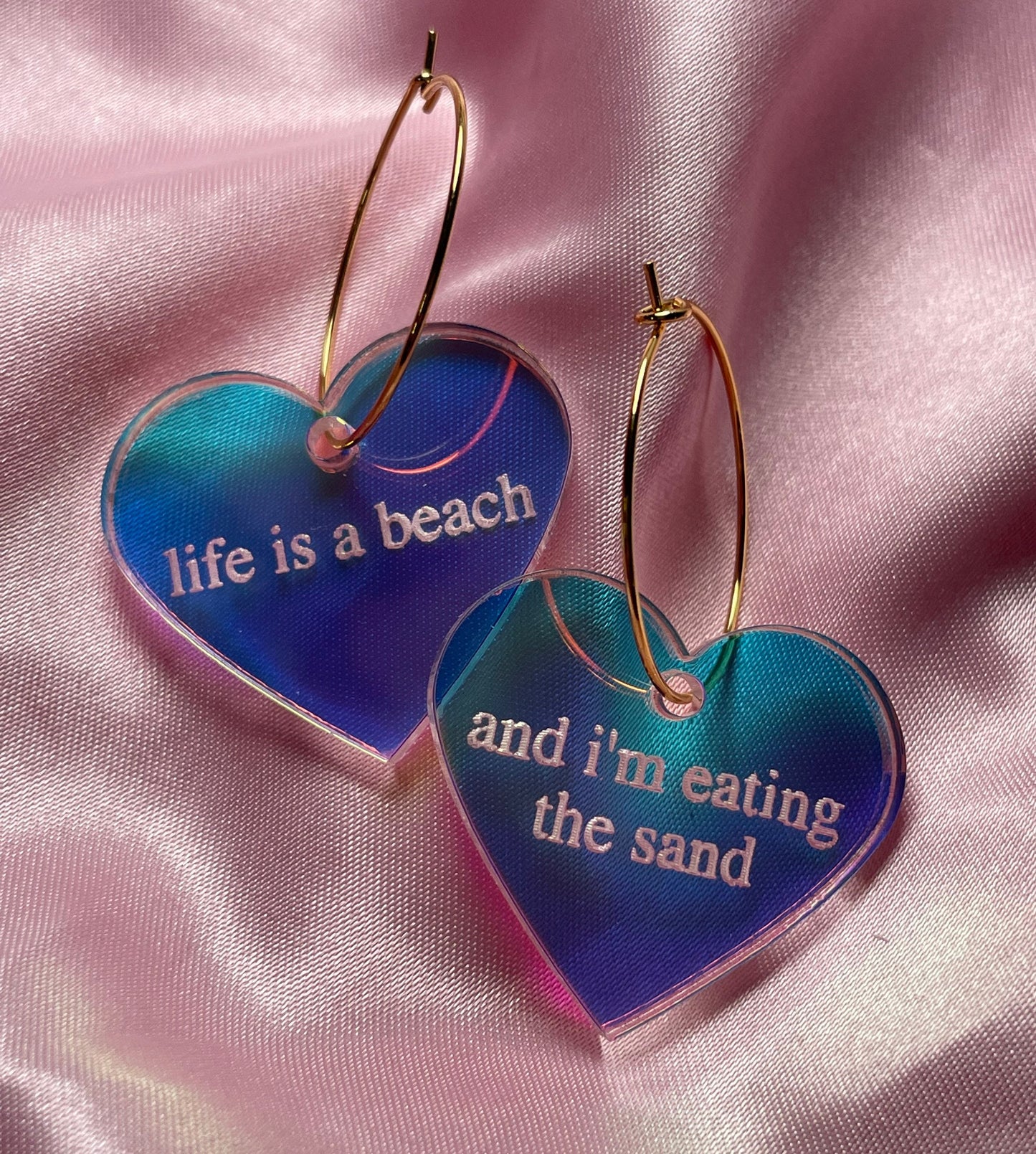 Iridescent Life Is A Beach & I’m Eating The Sand Heart Hoop Earrings