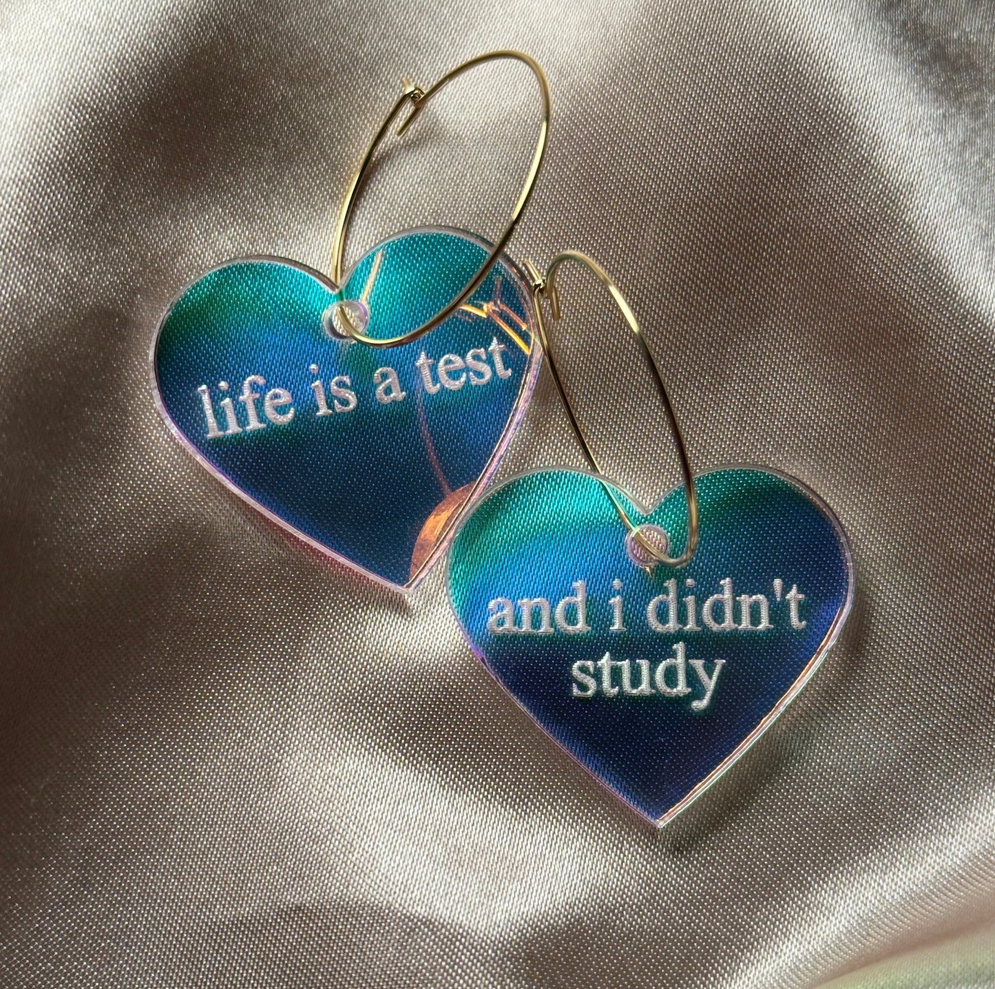 Iridescent Life Is A Test And I Didn’t Study Heart Hoop Earrings