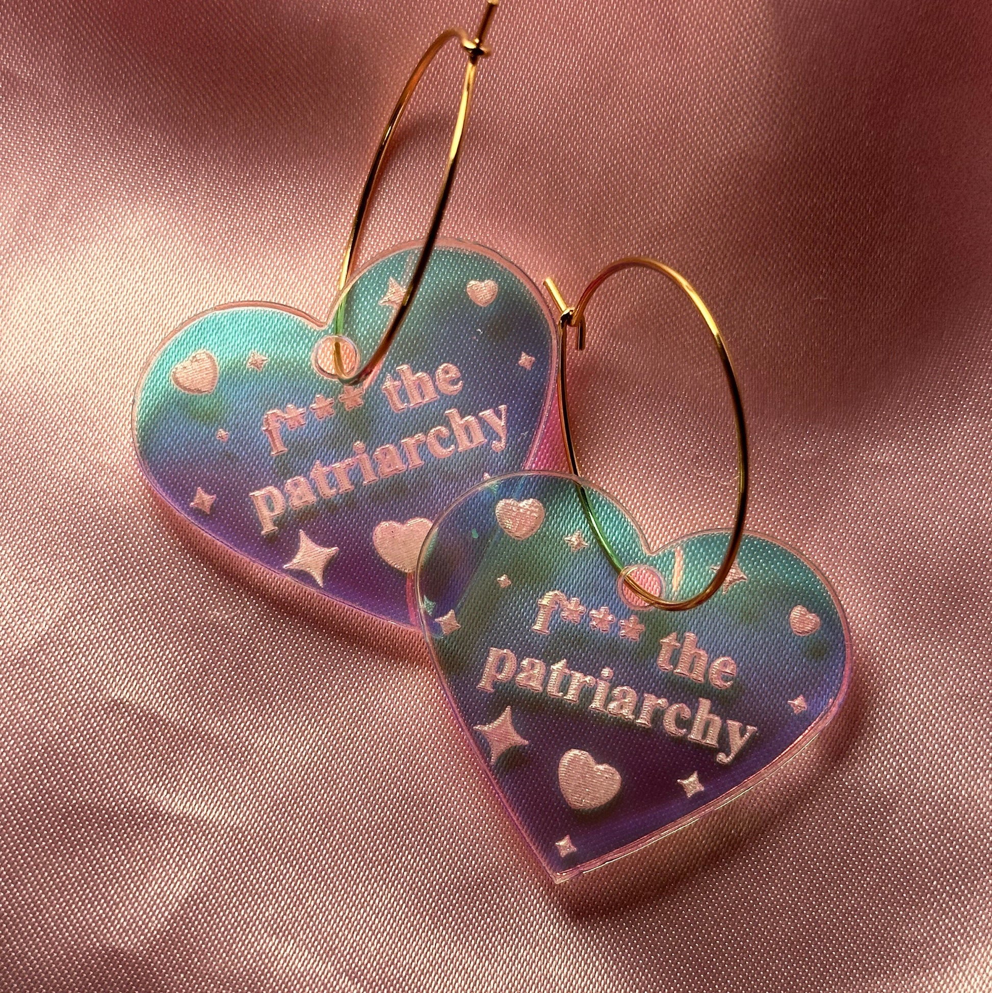 Iridescent Fuck The Patriarchy Heart Hoop Earrings - CENSORED SFW