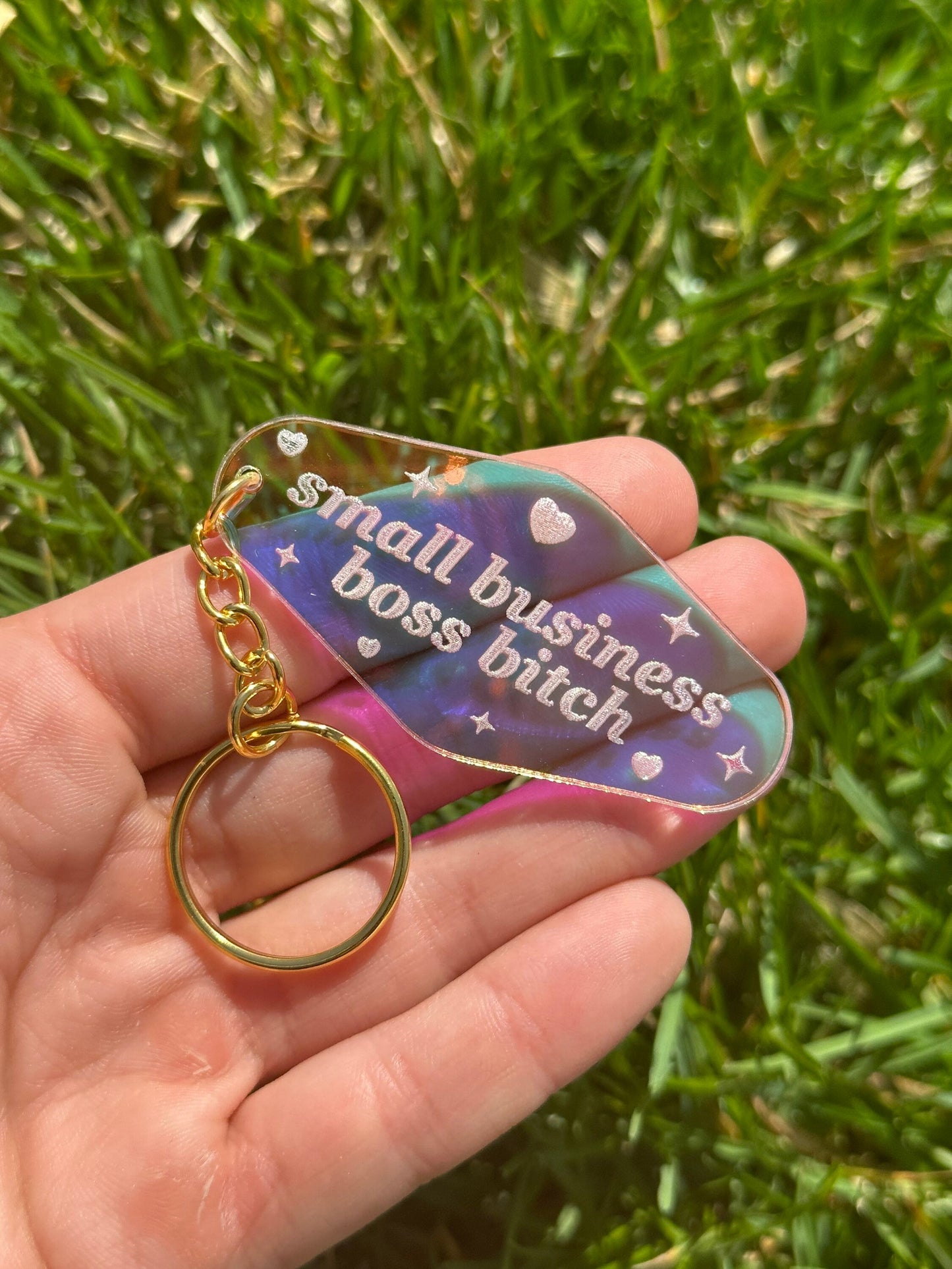 Small Business Boss Bitch Iridescent Acrylic Motel Keychain