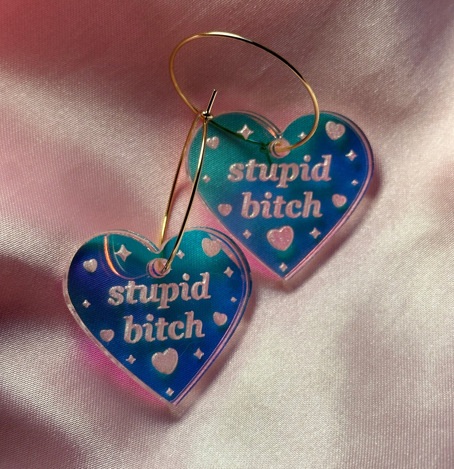 Iridescent Stupid Bitch Heart Hoop Earrings