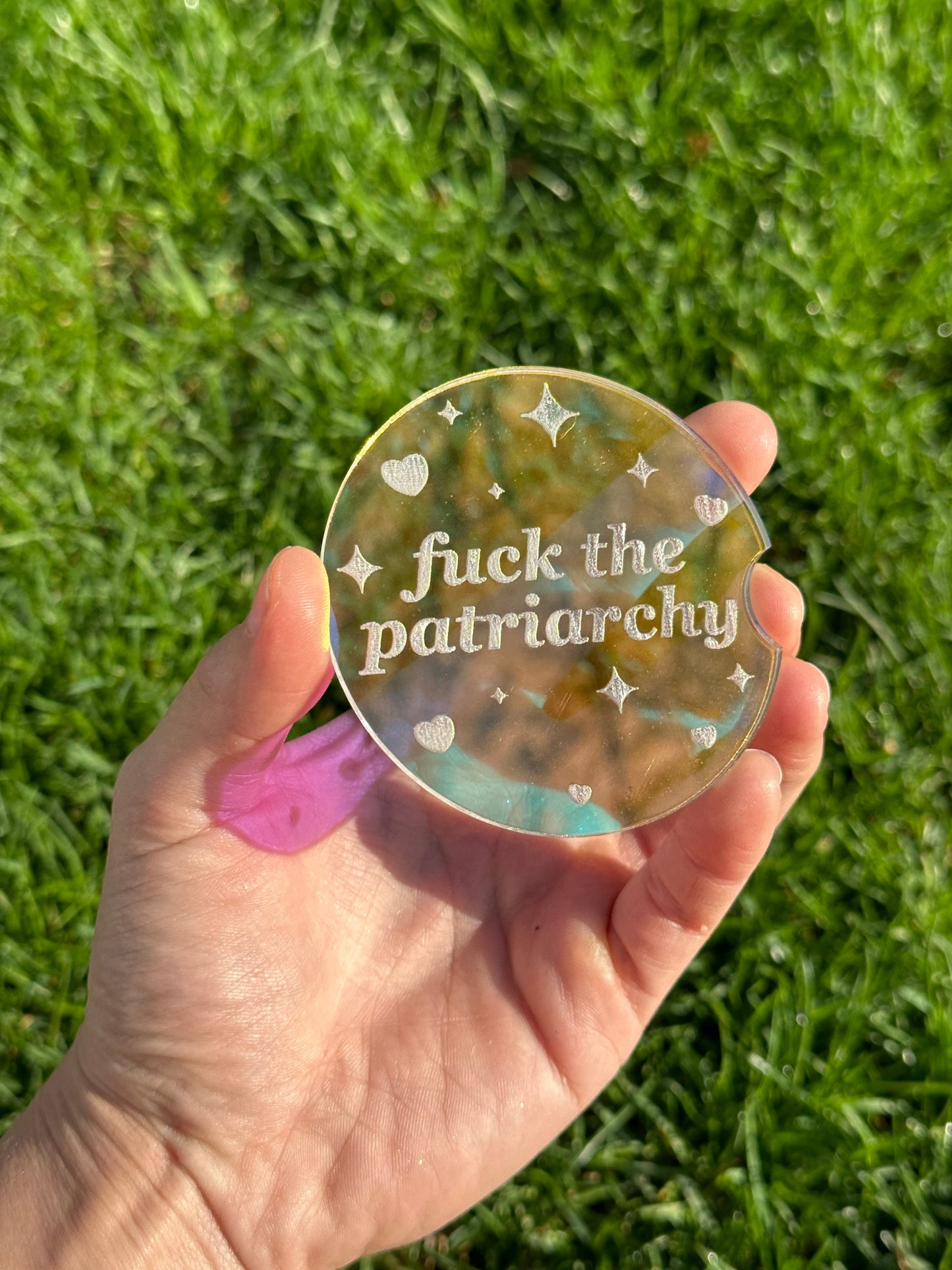 3 Inch Iridescent Car Coaster (Set of 2) - Fuck The Patriarchy