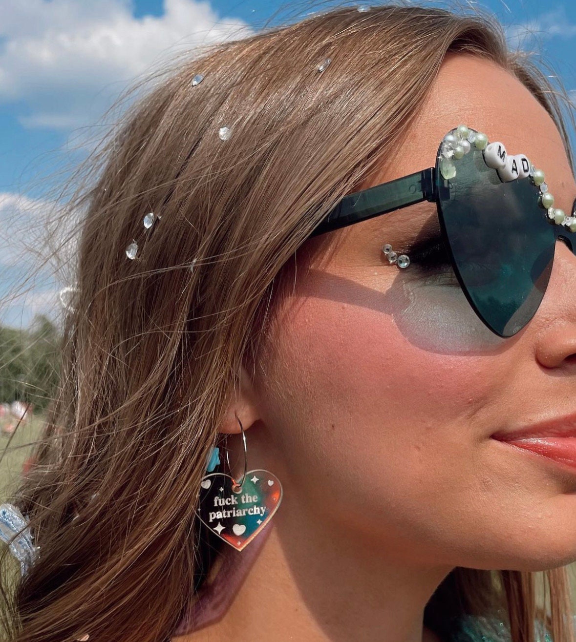 Iridescent Fuck The Patriarchy Heart Hoop Earrings