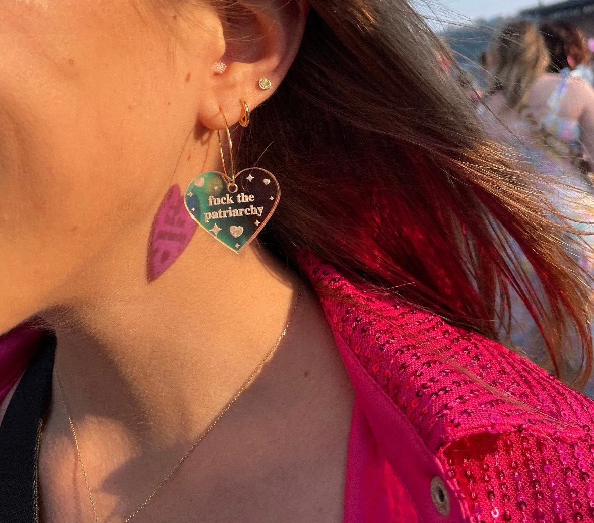 Iridescent Fuck The Patriarchy Heart Hoop Earrings