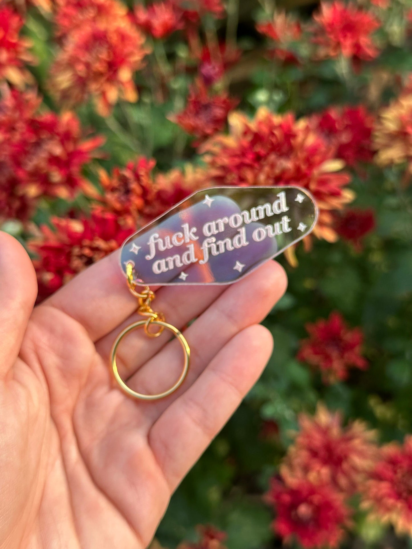 Fuck Around & Find Out Iridescent Acrylic Motel Keychain