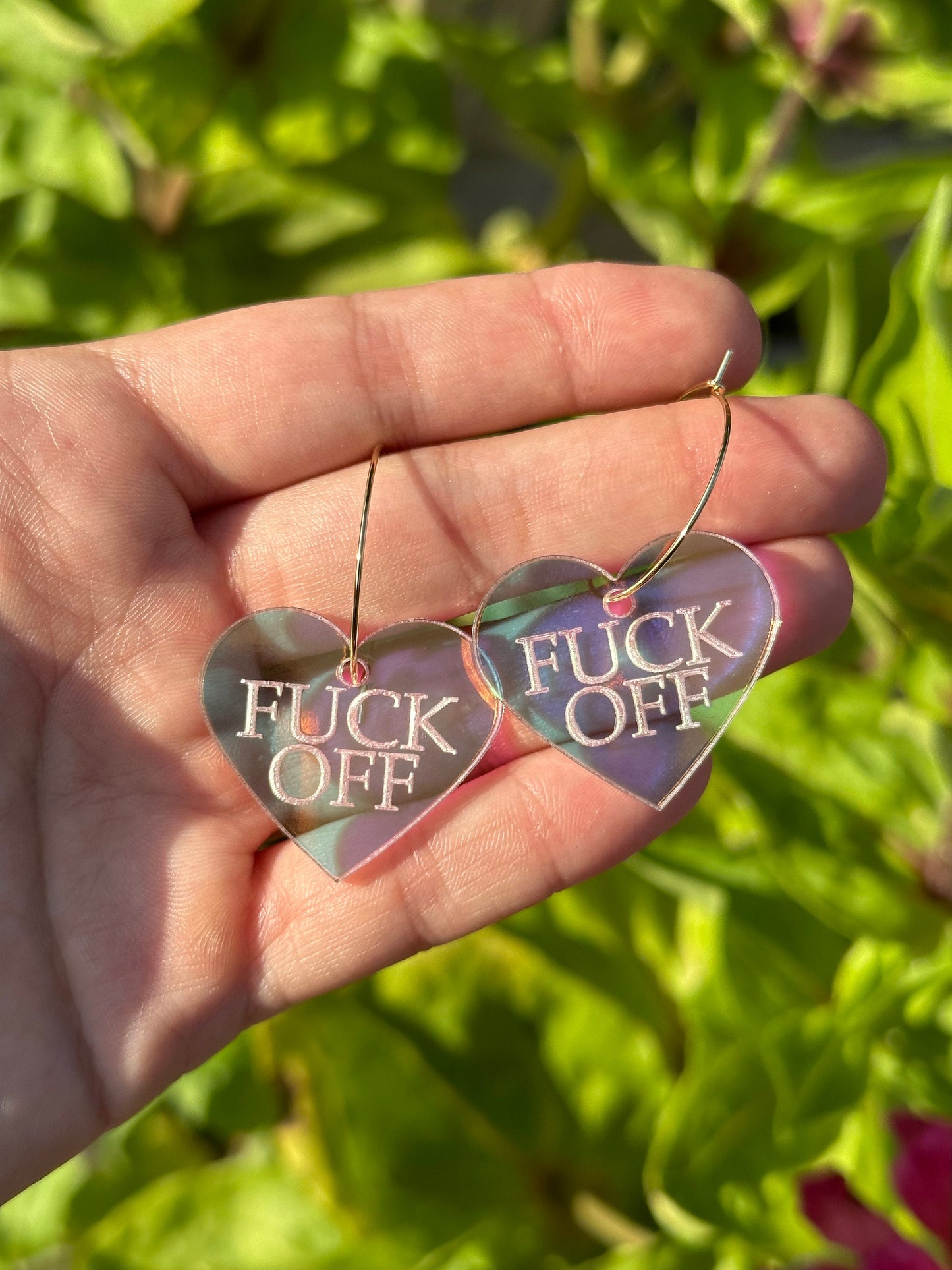Fuck Off Iridescent Heart Hoop Earrings