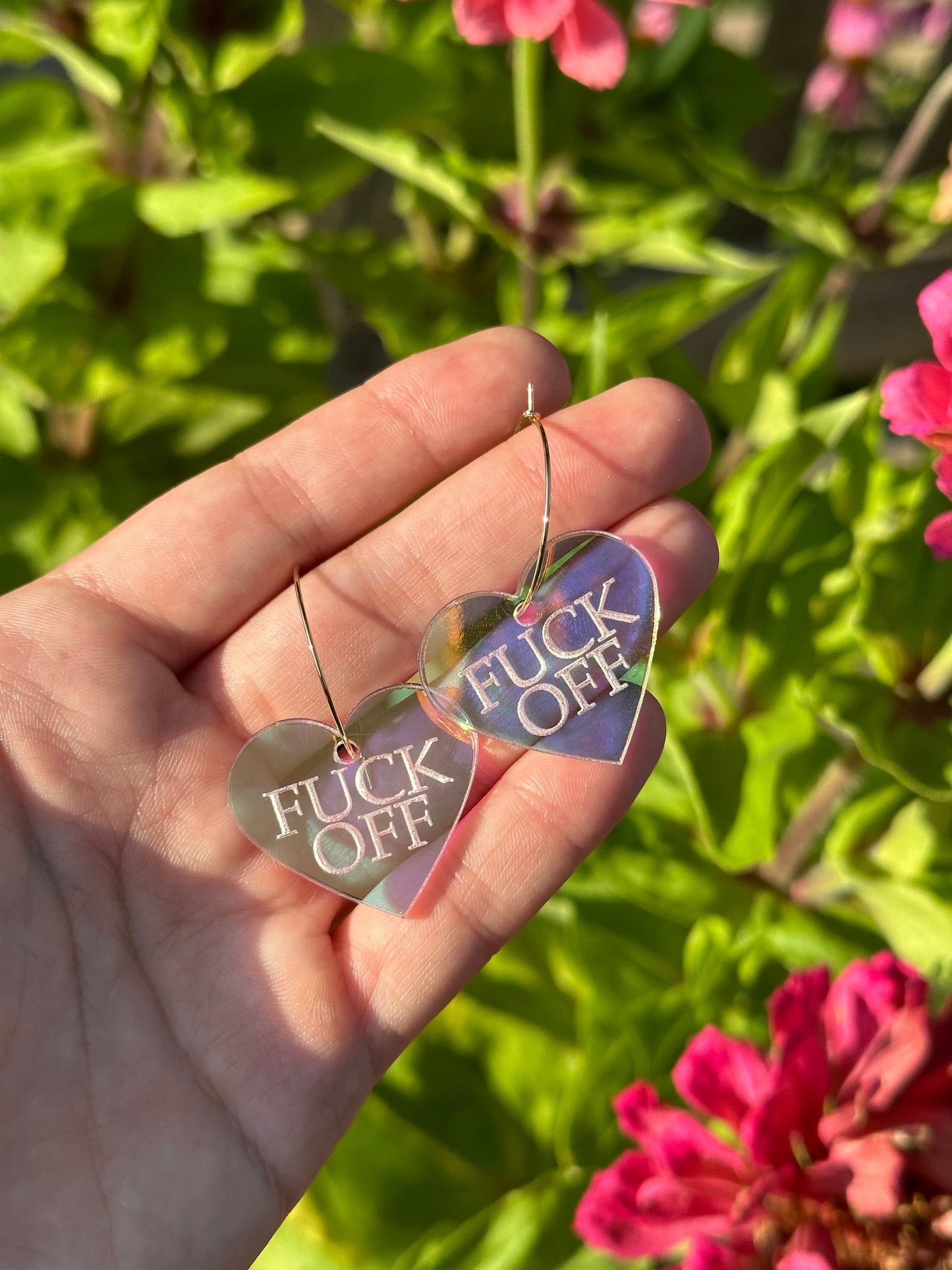 Fuck Off Iridescent Heart Hoop Earrings