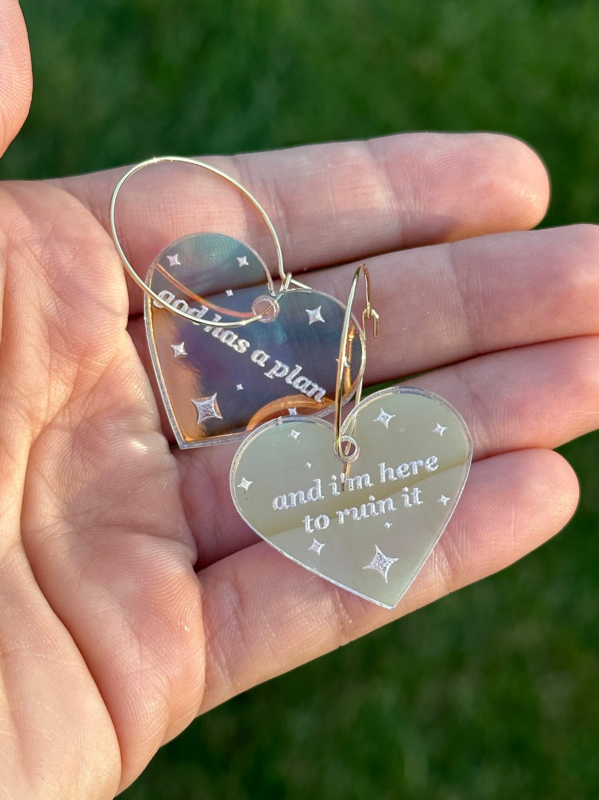 Iridescent God Has A Plan and I’m here to Ruin it Heart Hoop Earrings