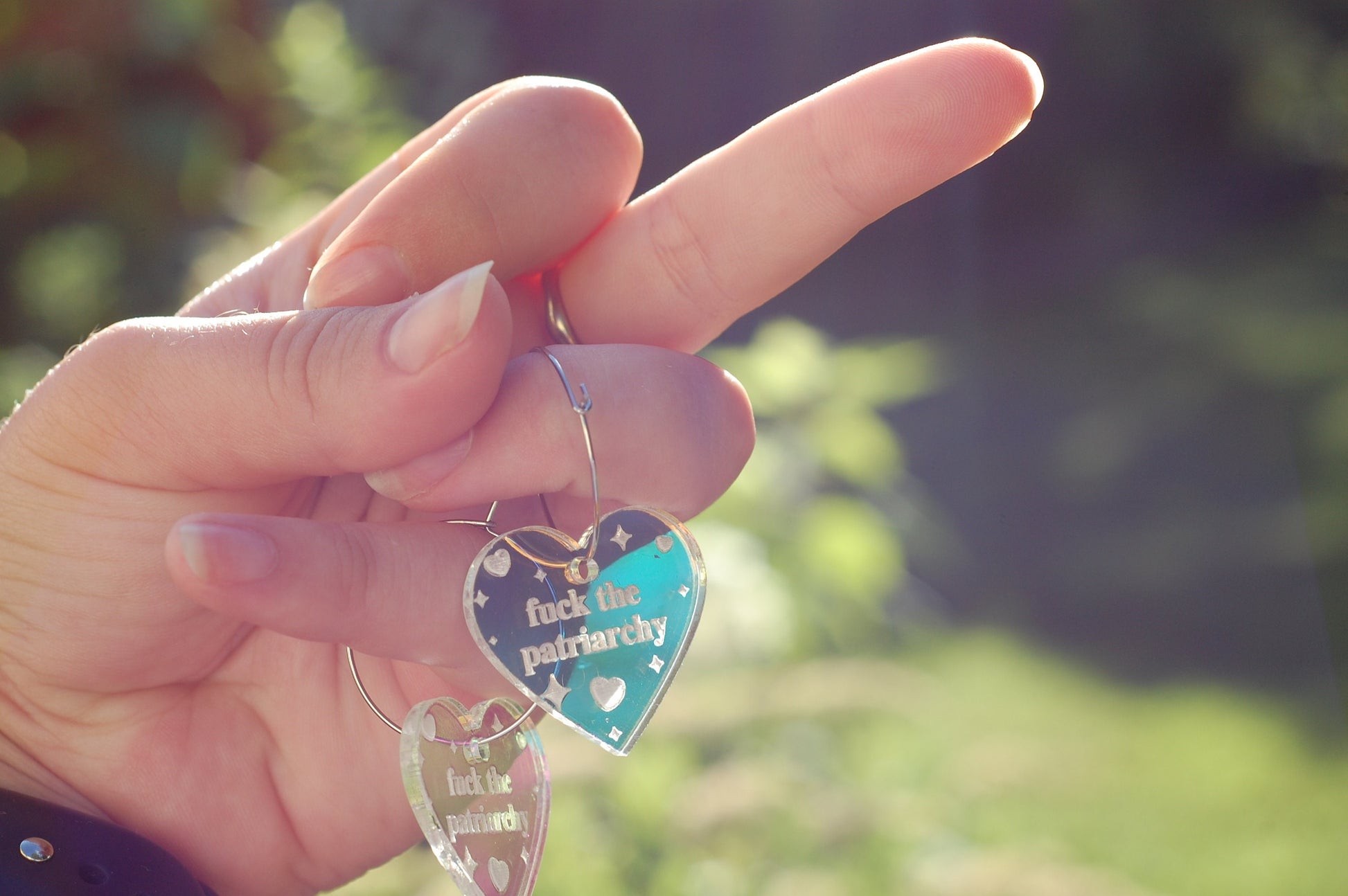 Iridescent Fuck The Patriarchy Heart Hoop Earrings
