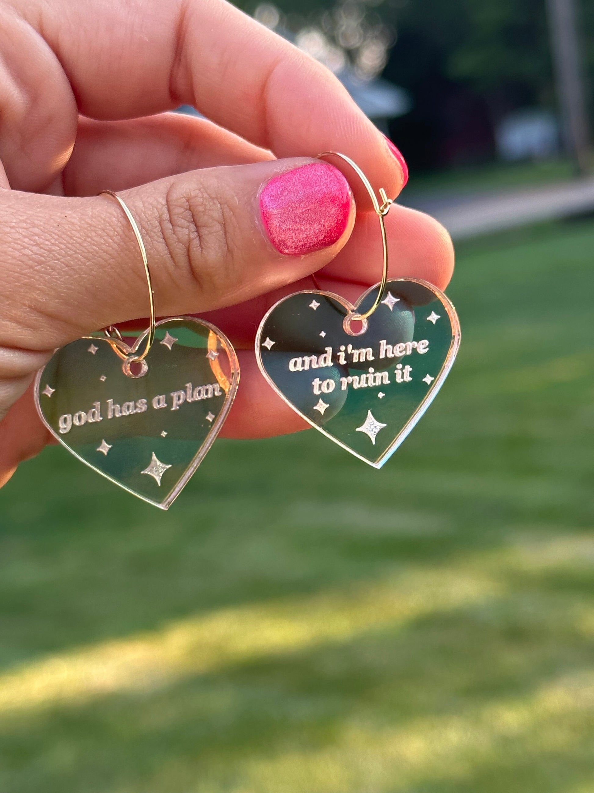 Iridescent God Has A Plan and I’m here to Ruin it Heart Hoop Earrings