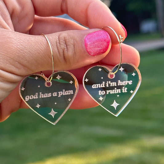 Iridescent God Has A Plan and I’m here to Ruin it Heart Hoop Earrings