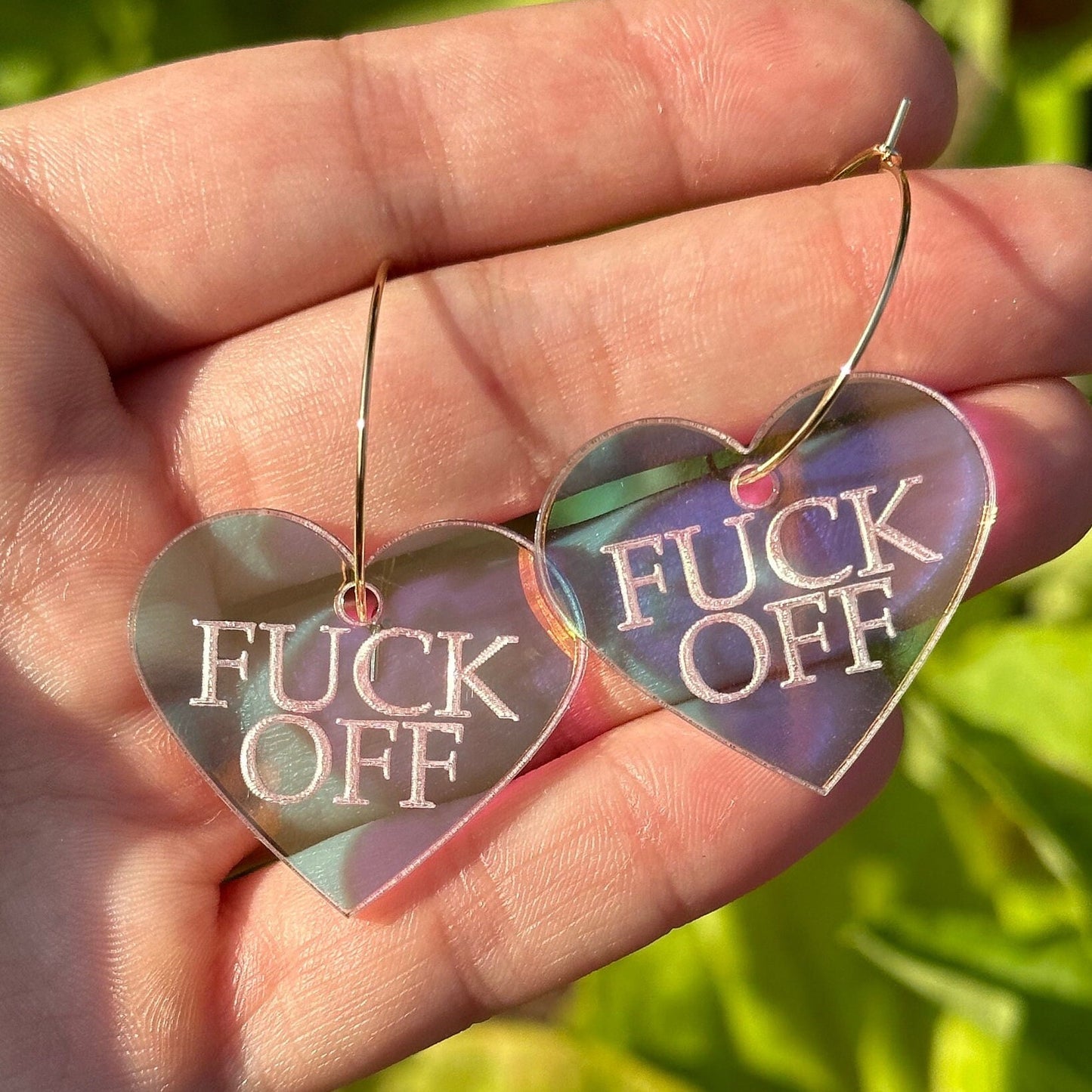Fuck Off Iridescent Heart Hoop Earrings