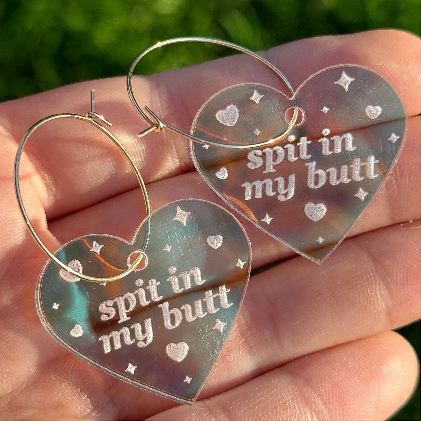 Iridescent Spit In My Butt Heart Hoop Earrings