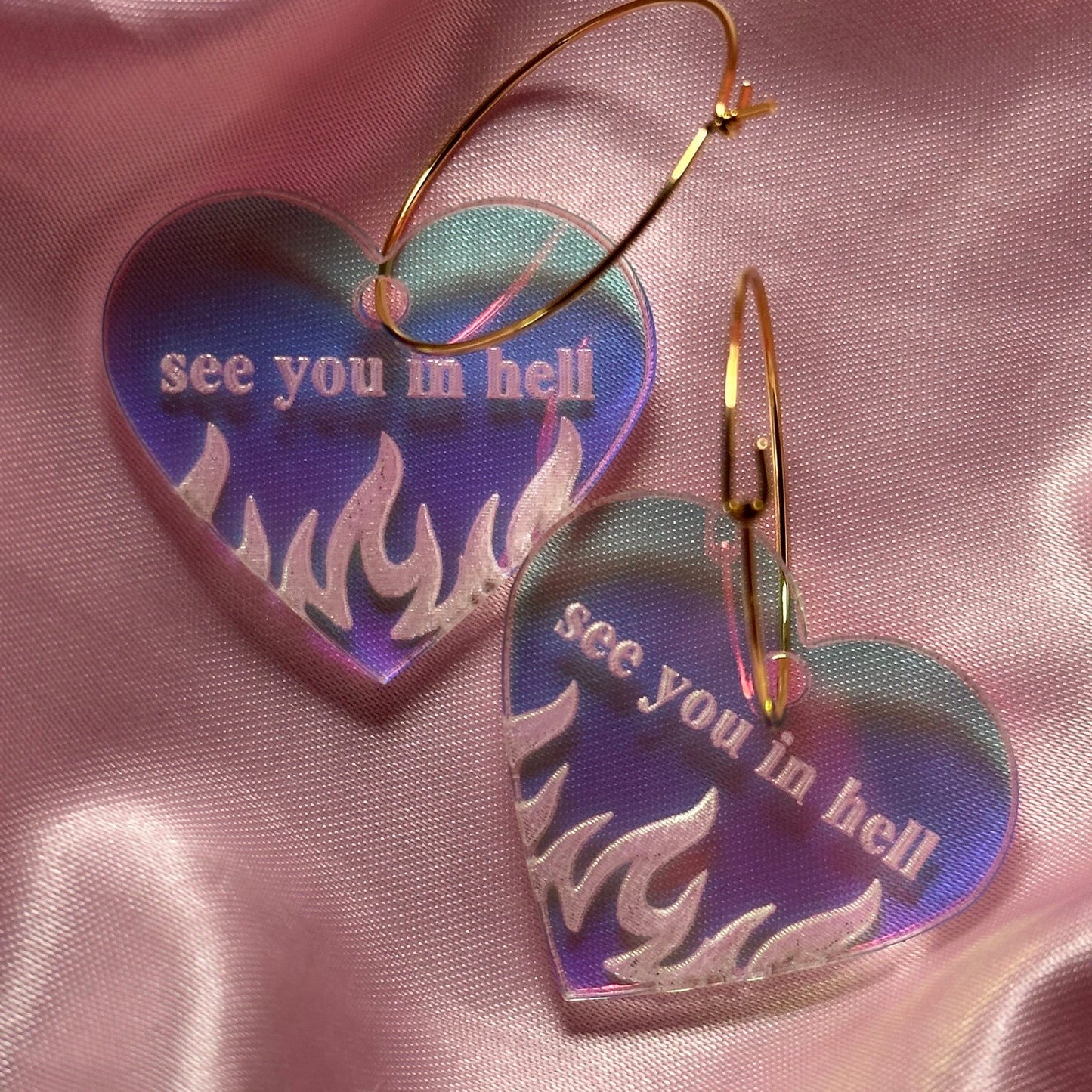 Iridescent See You In Hell Heart Hoop Earrings