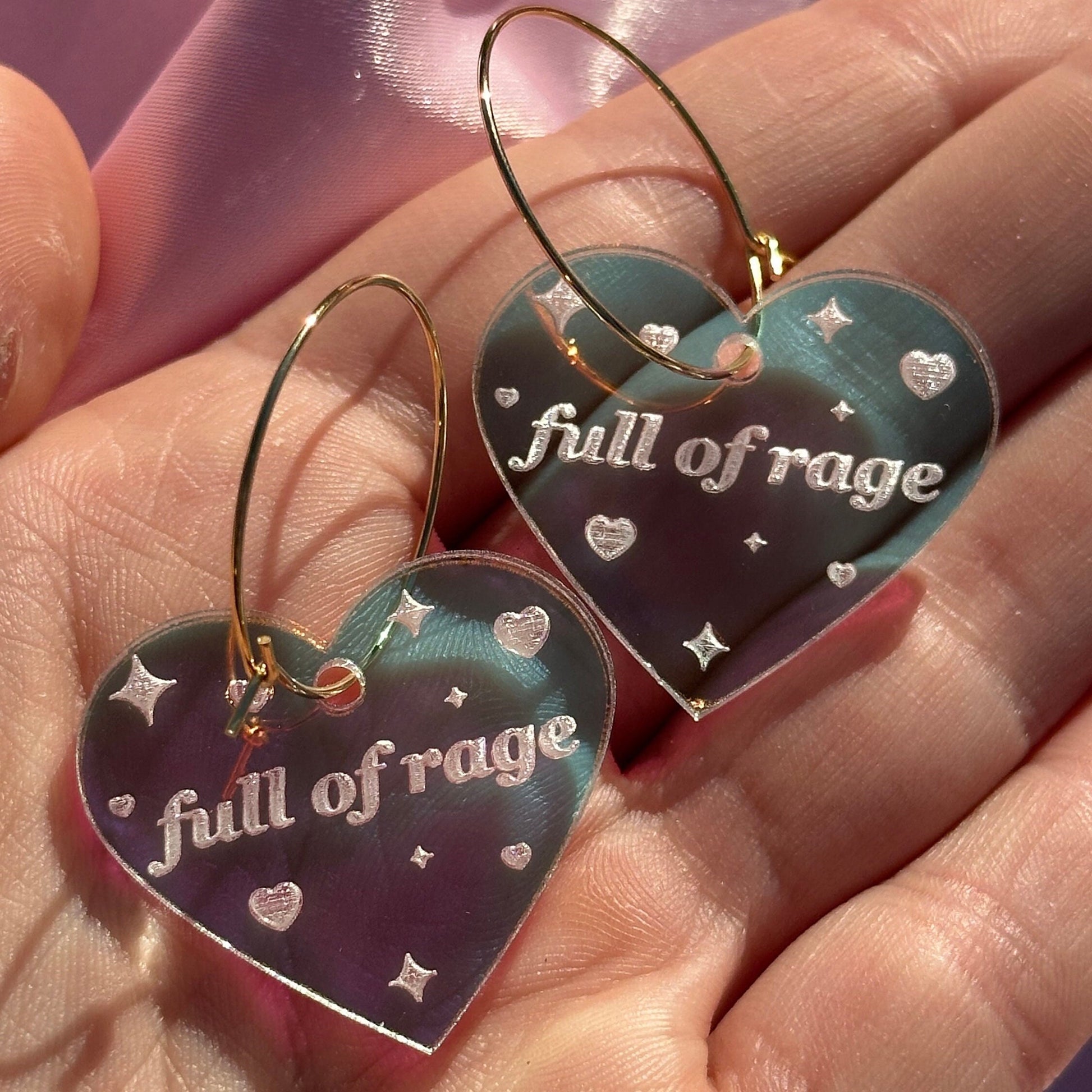 Iridescent Full Of Rage Heart Hoop Earrings