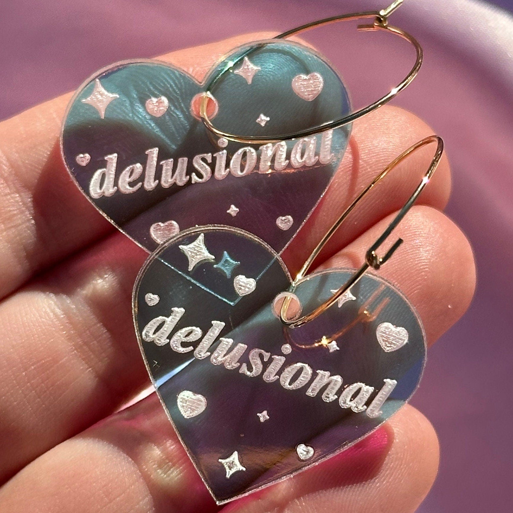 Iridescent Delusional Heart Hoop Earrings