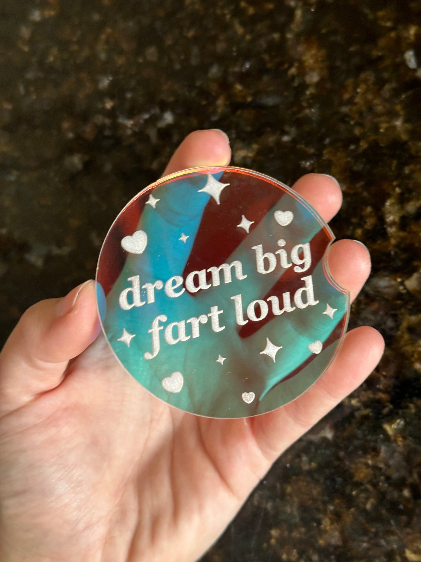 Individual 3 Inch Iridescent Car Coaster - Dream Big Fart Loud