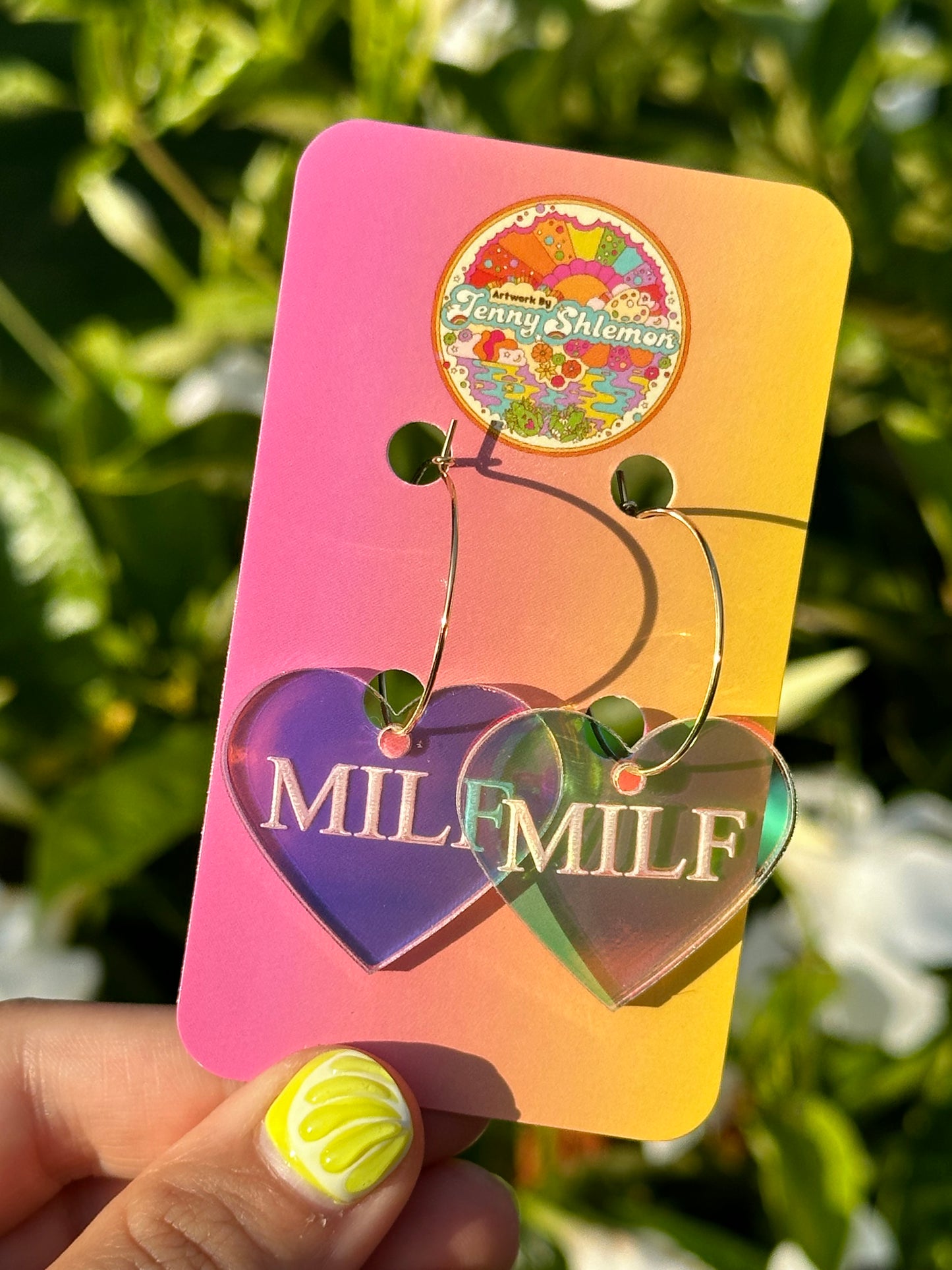 Iridescent MILF Heart Hoop Earrings