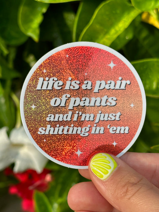 Life Is A Pair Of Pants & I'm Just Shitting In 'Em Glittery Circle Sticker